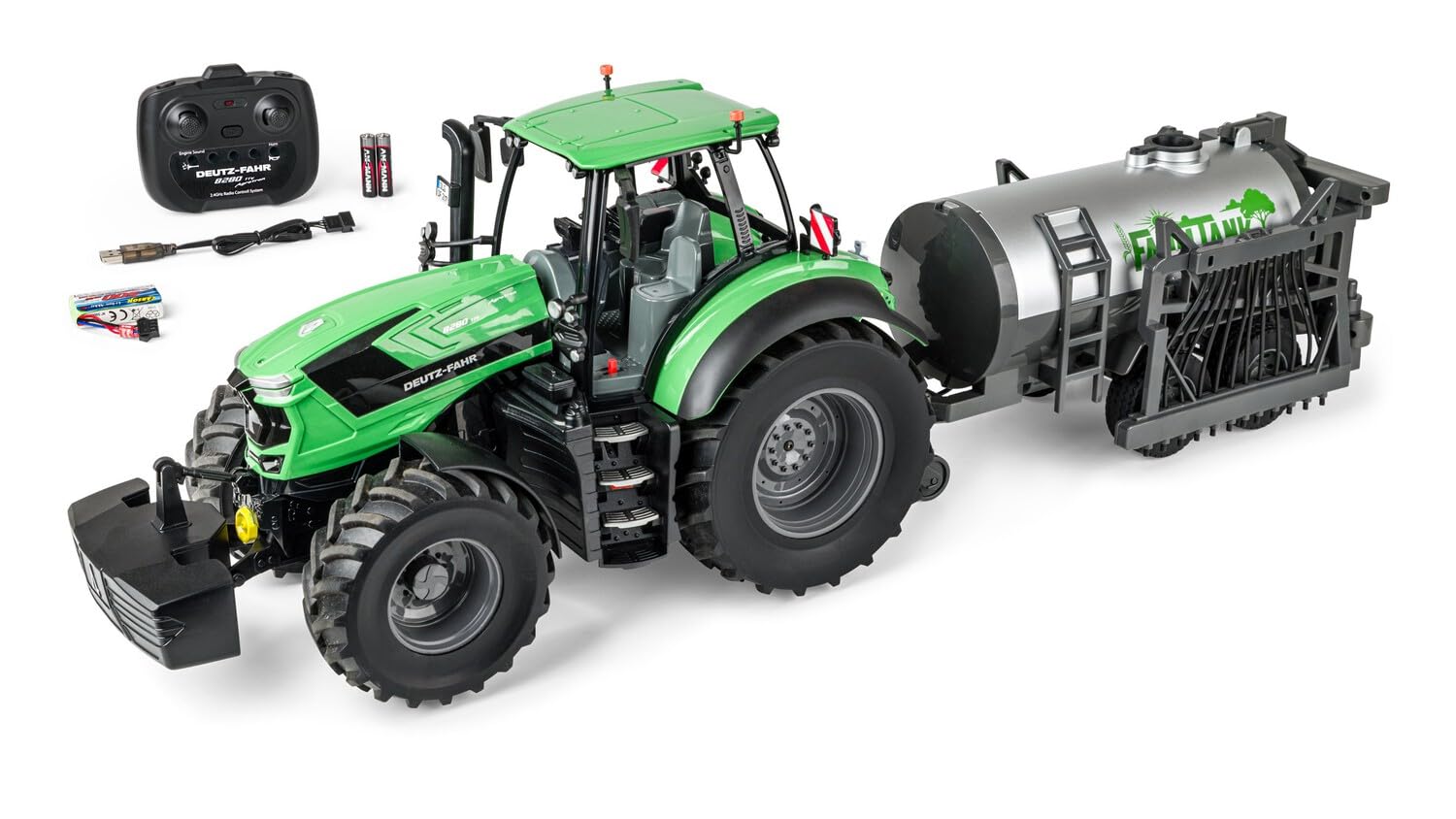 Carson 1:16 Deutz Tractor 8280TTV with Barrel Trailer 100% - RC Tractor, Remote Controlled Vehicle with Light and Sound, Includes Batteries and Remote Control, Remote Controlled Bulldog