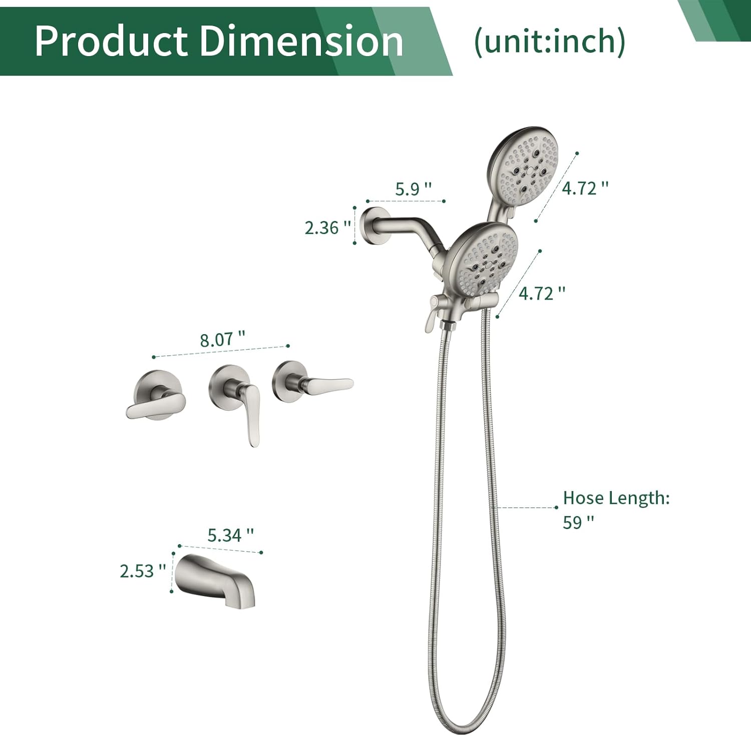 3 Handle Shower Faucet Set Shower System with Tub Spout Bathtub Faucet Set Shower Head Combo Set Complete Tub and Shower Faucet Combo Shower Fixtures Trim Kit Brushed Nickel