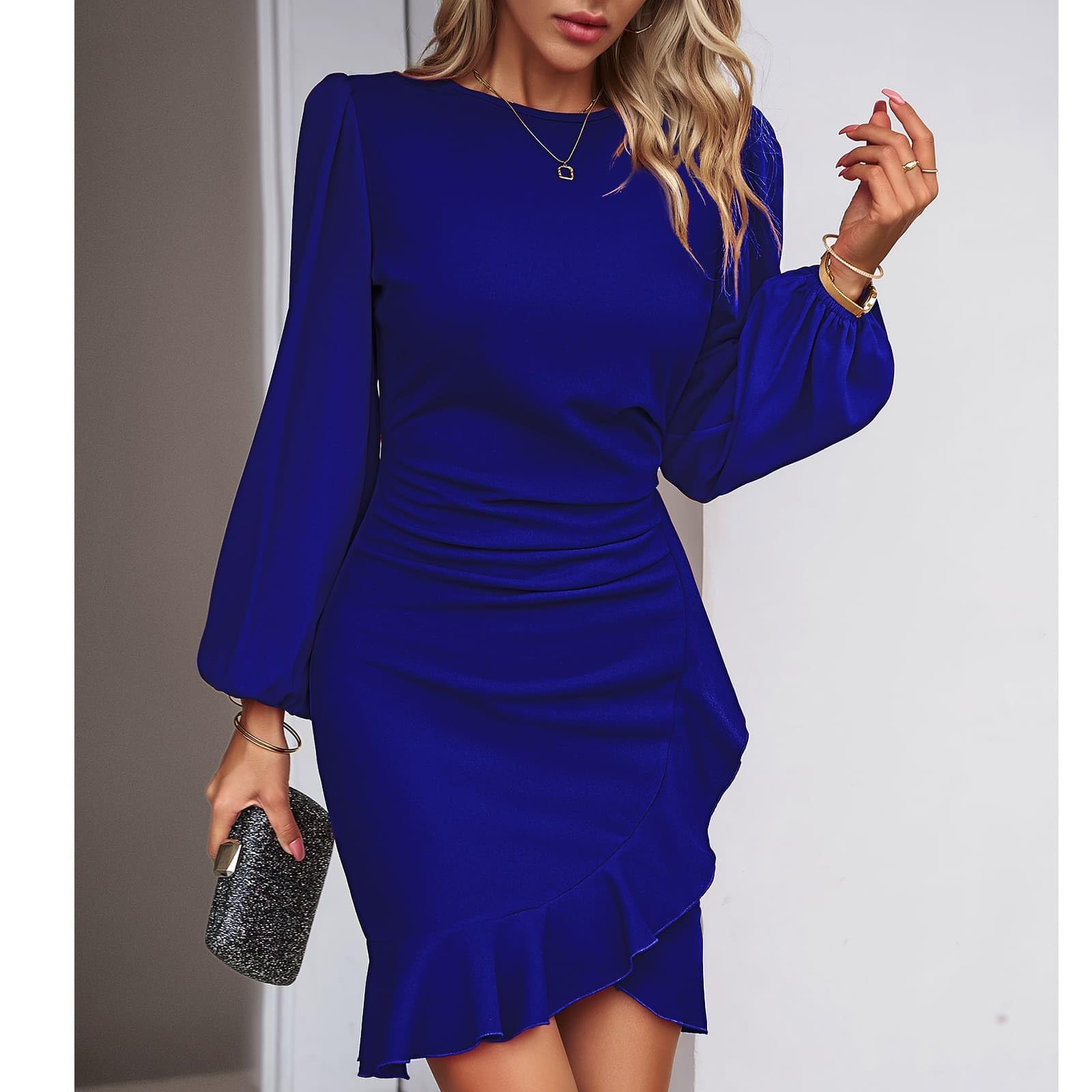 TcIFE Vestido Mujer de Cóctel Manga Larga Cuello Redondo Vestido de Ruched Volante Dobladillo Bodycon Mini Vestidos para Fiesta Invitada Bodas Noche