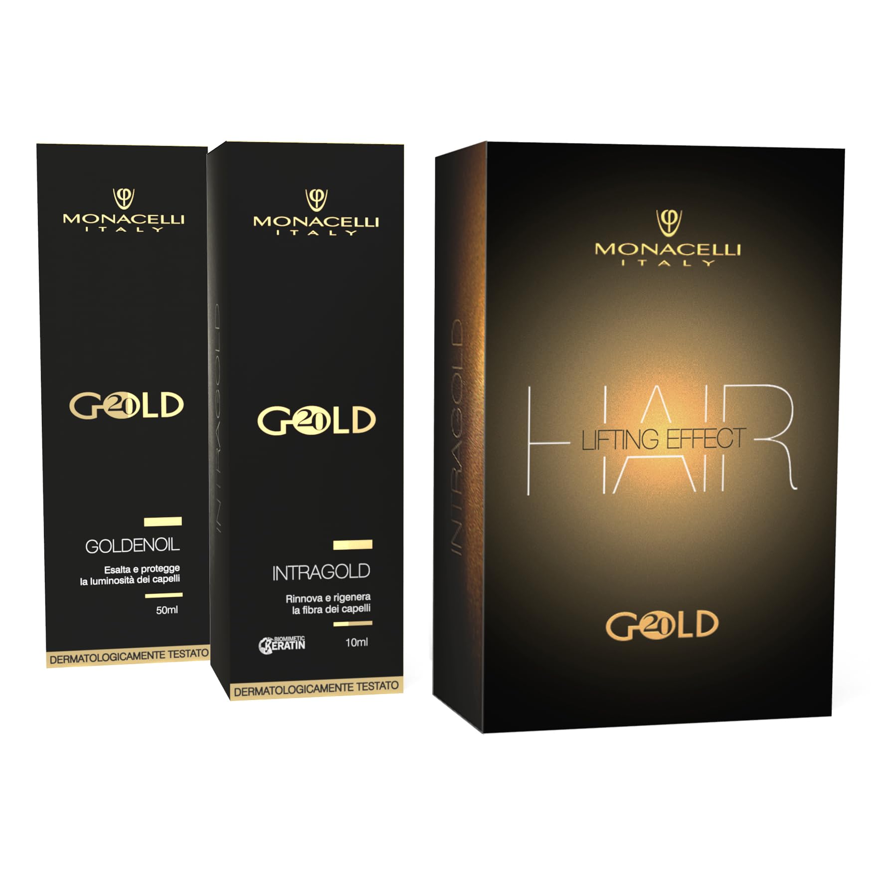 Monacelli Kit Gold Lifting Effect Außergewöhnliche Synergie Erneuert die Schönheit der Haare, enthält: Intragold 10ml und GoldenOil 50ml
