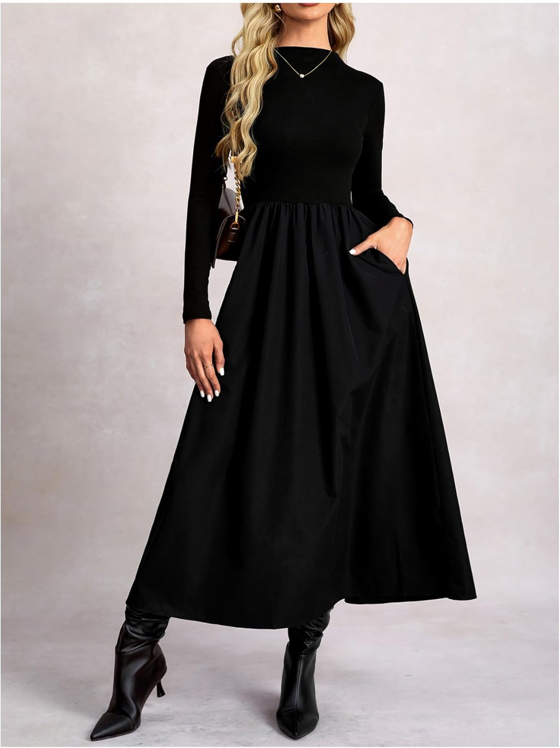 Women's Mock Neck Maxi Dress Long Sleeve Flared A Line Flowy Fall Dresses with Pockets - Image 5