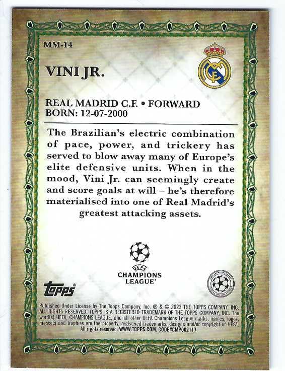 VINICIUS VINI JR JUNIOR 2022-23 Topps Merlin UEFA Merlin's Masters Soccer Card #MM-14 Brazil Real Madrid CF