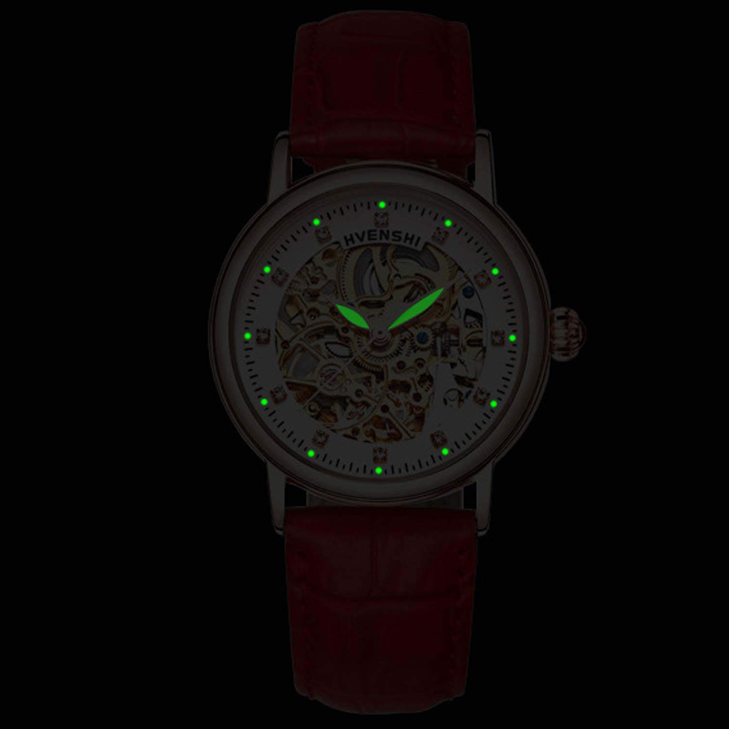RORIOS Mechanische Armbanduhr, automatisch, für Damen, Leuchtend, Diamant, simuliert, Skelett, Damen Uhren