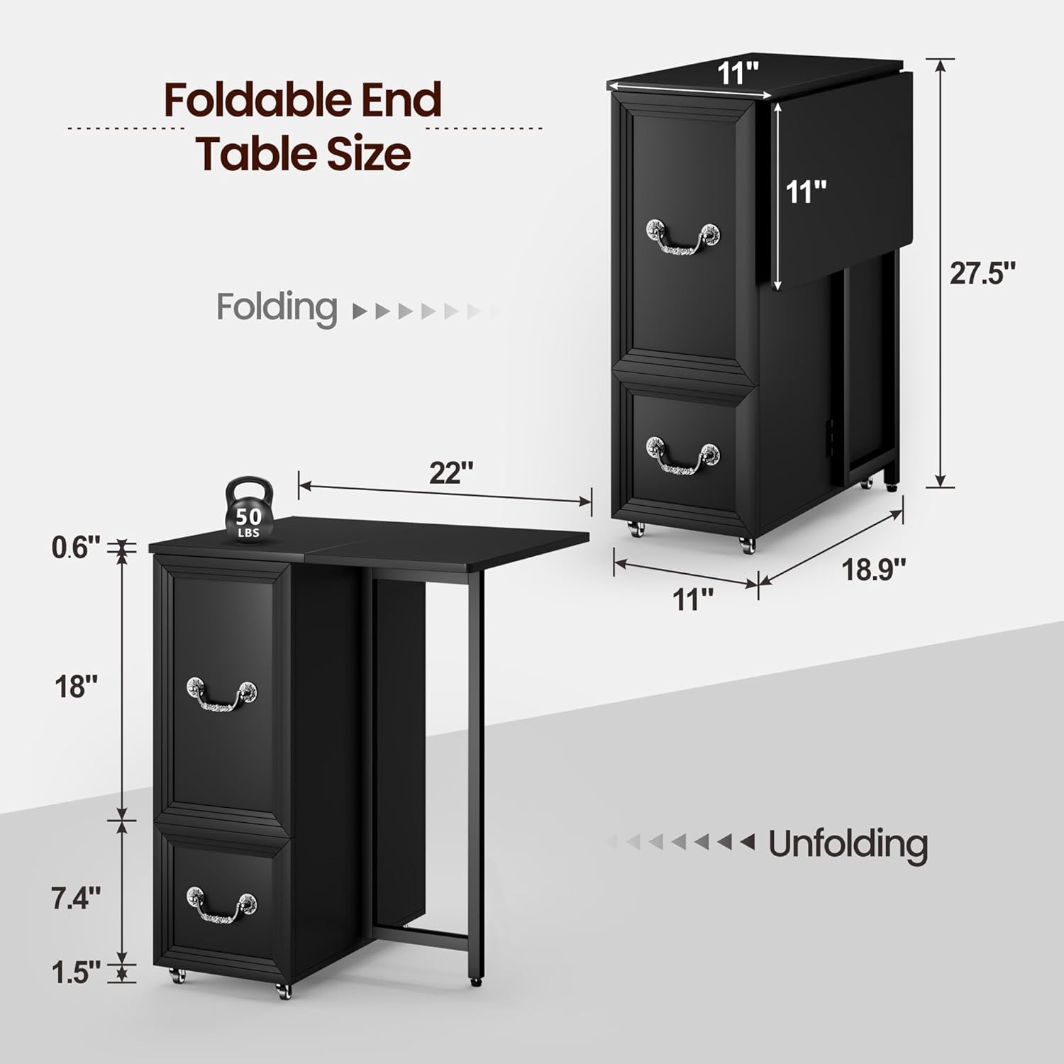 Side Table with Charging Station and LED Lights, 27.5" Tall Rolling End Table with Drawers and Shelves, Narrow Nightstand with Wheels for Small Space, Living Room, Bedroom, Black