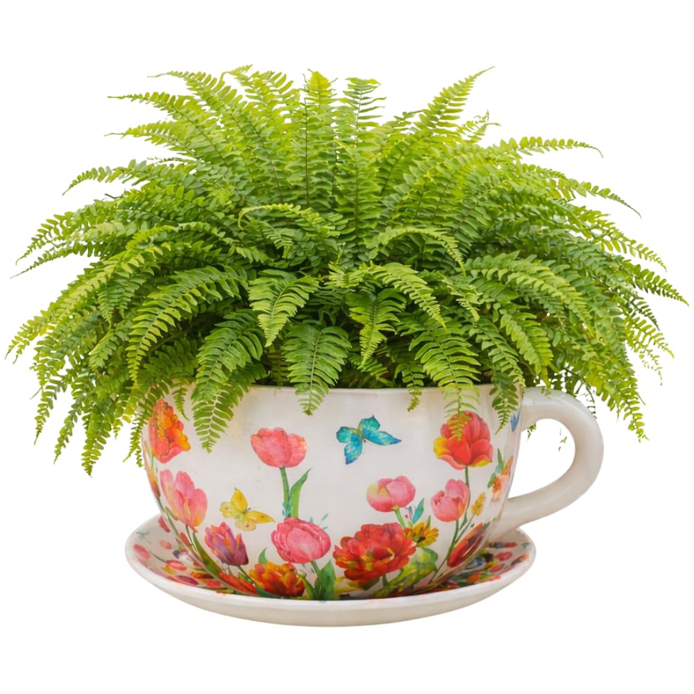 Dekohelden24 XXL Blumentopf, Pflanztasse, Pflanzkübel, Pflanzgefäß, Blumenkübel, Pflanztopf. Übertopf als Tasse mit Griff aus Keramik, Motiv: Tulpenmeer, L/B/H 34 x 28 x16 cm.