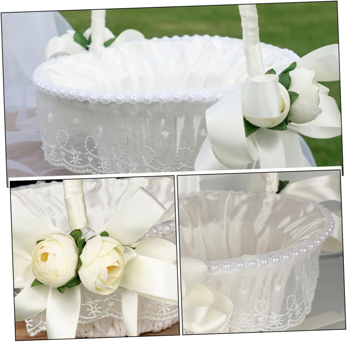 Ipetboom Woven Small Flower Basket for Wedding Flower Girl with Lace Ribbon, Rustic Rose Petals Basket for Ceremony Supplies and Party Favors