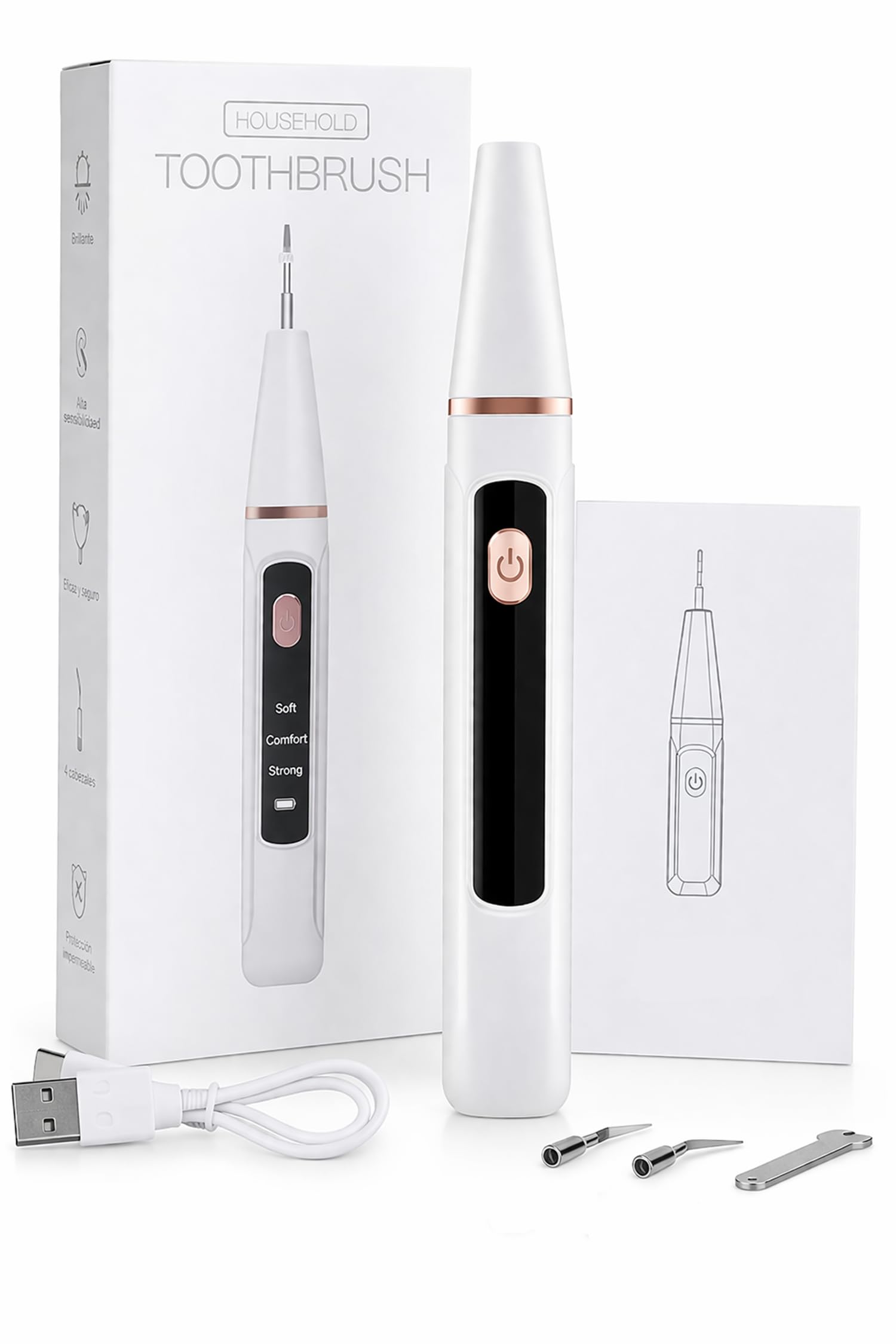 Kit De Limpieza Dental, Cepillo Dental Ultrasonico Portatil Para Limpieza Profunda, 2 Puntas Distintas, Con Guia De Uso, Luz Led.
