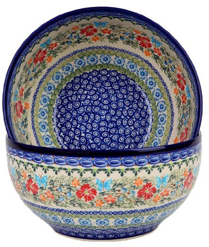 Polish Pottery Ceramika Boleslawiec Royal Blue Patterns with Red Cornflower and Blue Butterflies Motif, Bowl 23, 10-Cups,