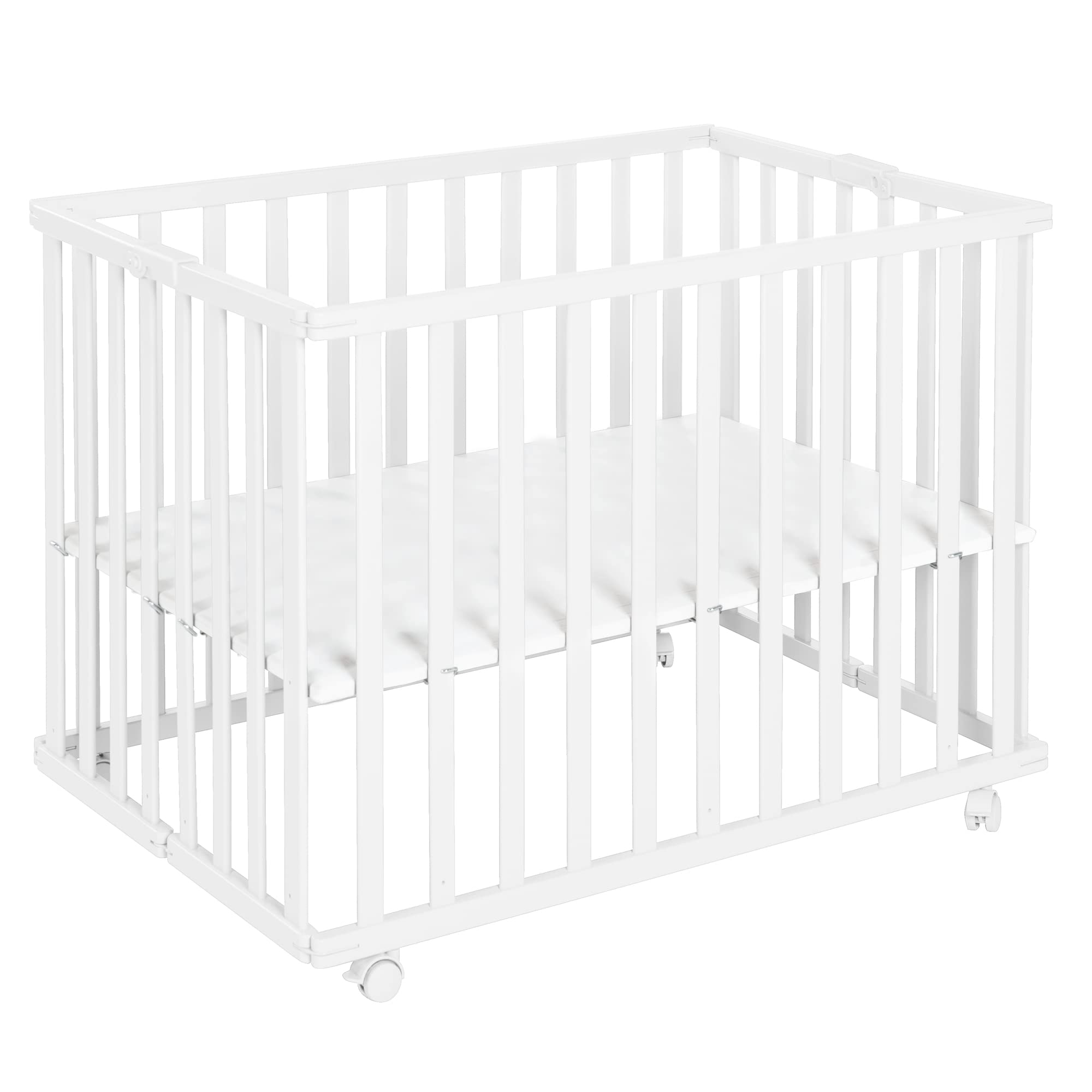 roba Laufgitter klappbar 75 x 100 cm - Platzsparender und faltbarer Baby Laufstall - Mobiles Krabbelgitter inkl. Rollen - 2-fach höhenverstellbar - Holz weiß