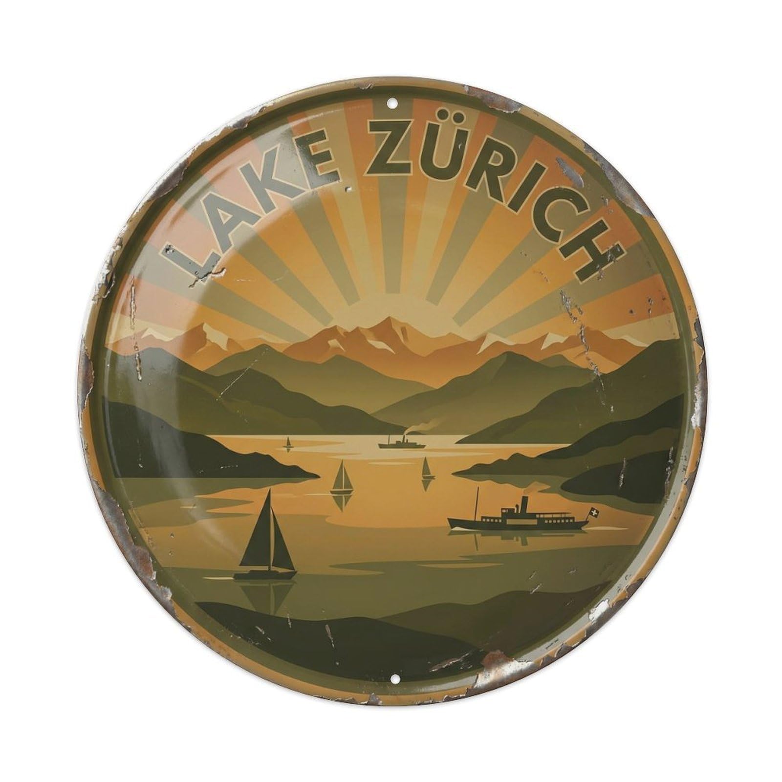 Cmhok Vintage Style-4 Vintage Travel Lake Zurich Artwork Metal Tin Sign Plaque Wall Decor For Cafe, Club, Garden Round Metal Poster 8X8inch