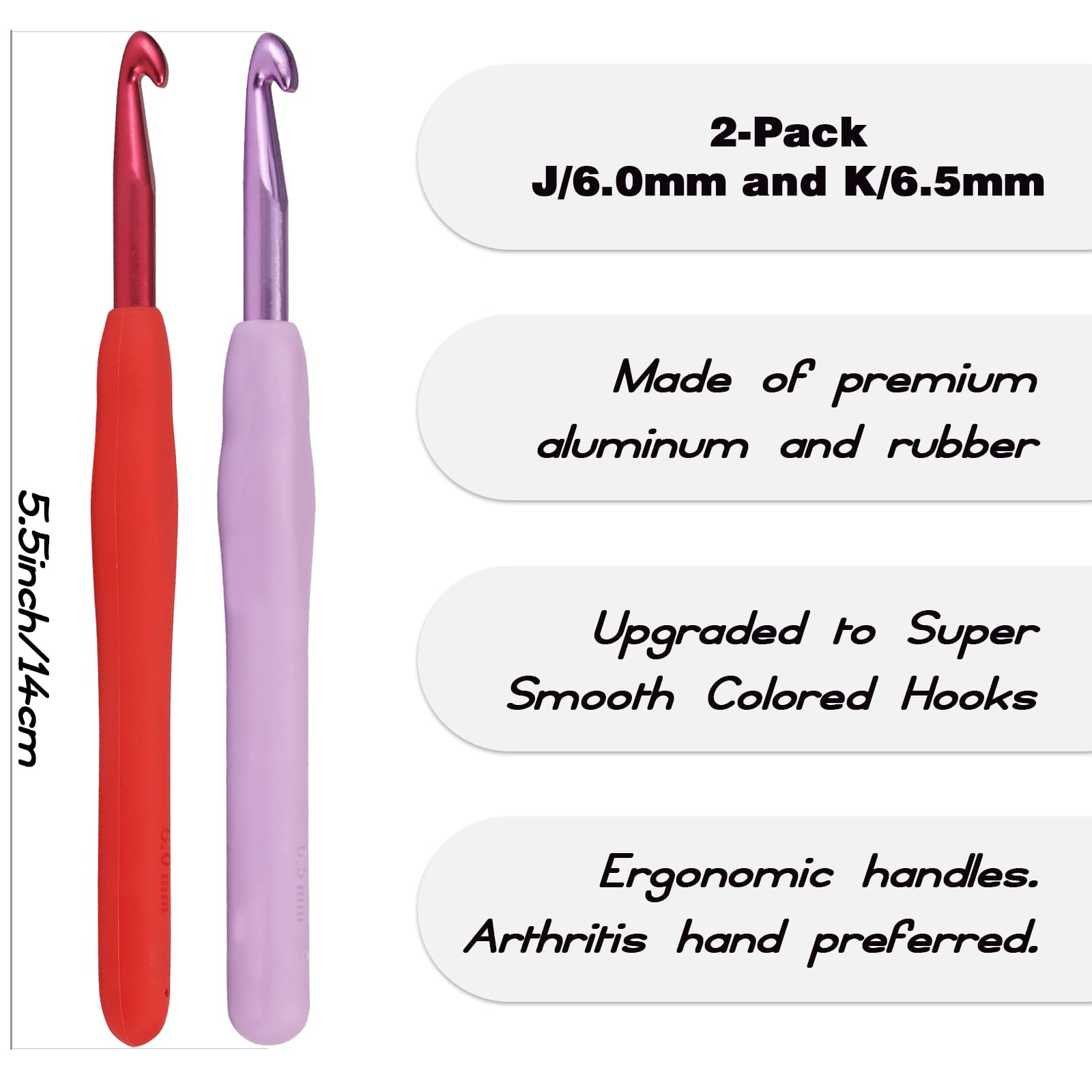 YOJOB Paquete de 2 ganchos de ganchillo de tamaño J / 6 mm, K / 6,5 mm, súper suaves y ergonómicos para principiantes y avanzados (6 mm, 6,5 mm)