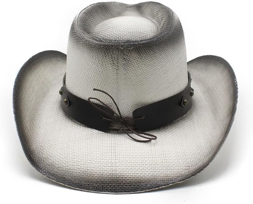 Western Cowboy Hat with Longhorn Bull Leather Band, Brown Straw, Wide Brim