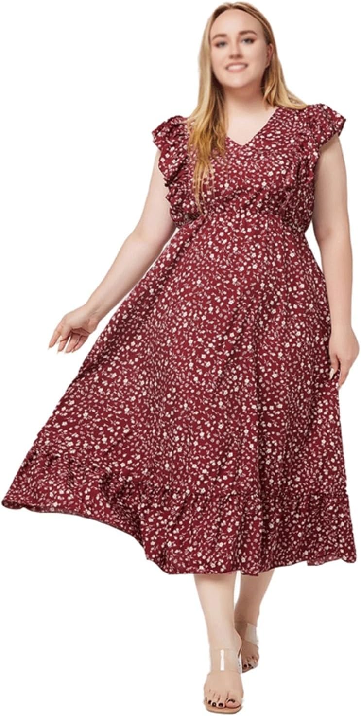 JSEIAJB V Neck Sleeveless Floral Print Bohemian Holiday Dresses for Women Casual Streetwear