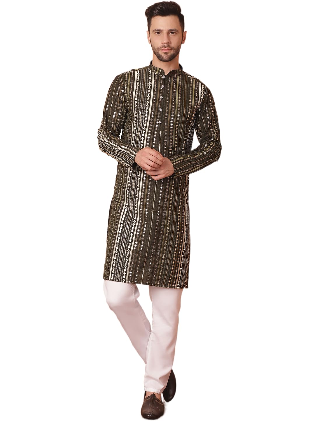 Jompers Men's Mehndi Mirror Work Kurta With Pyjama (Mehndi, L)