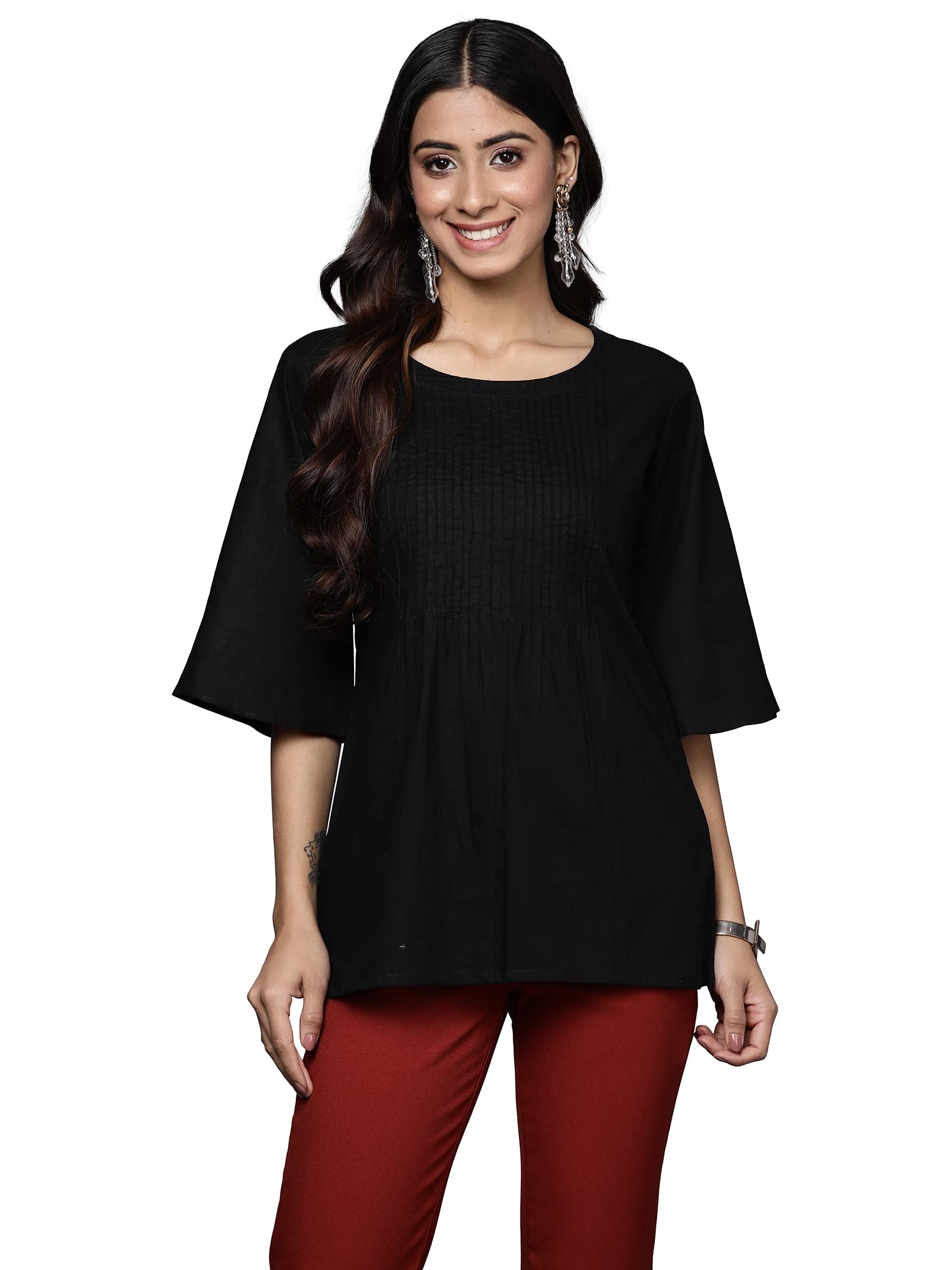 Indo Era Women's Cotton Solid Regular Casual Tunic Top (TP0BK5010_Black_S to XL-Size) in black