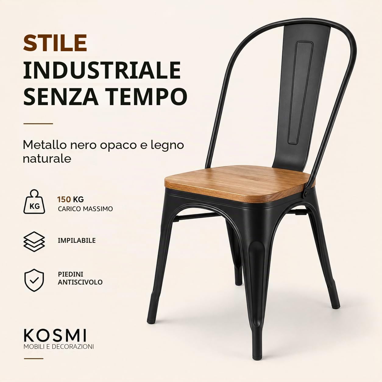 Kosmi - Set di 4 sedie in metallo nero e legno chiaro naturale, stile industriale