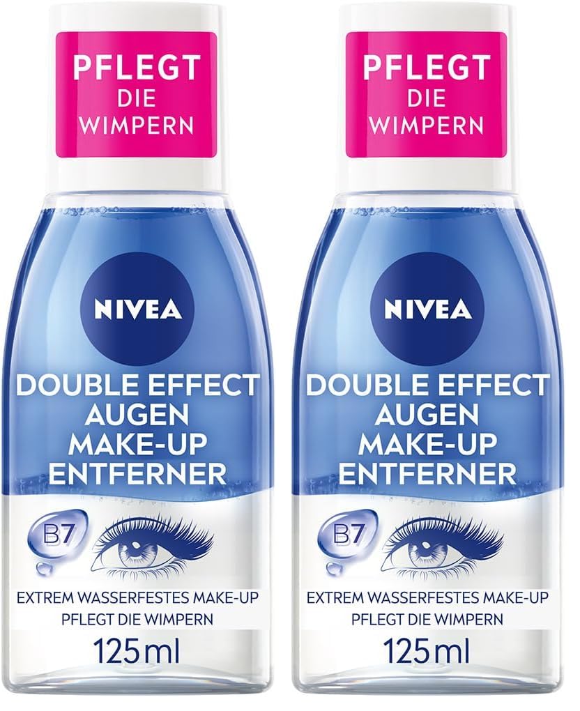 NIVEA Double Effect Augen Make-Up Entferner (125 ml), Make-Up Entferner für die sensible Augenpartie, Gesichtsreiniger entfernt extrem wasserfestes Make-Up (Packung mit 2)