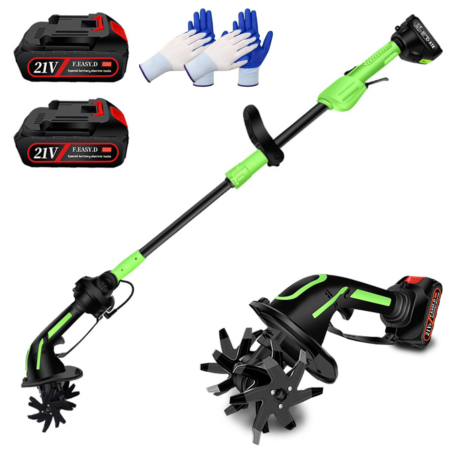 Rotavator Eléctrico Inalámbrico para Jardín, Cultivador Inalámbrico de Mano de 21V con Mango de 1,3 Metros de Largo, Minicultivador Inalámbrico con 10Cm de Ancho y Profundidad de Labran Two Batteries