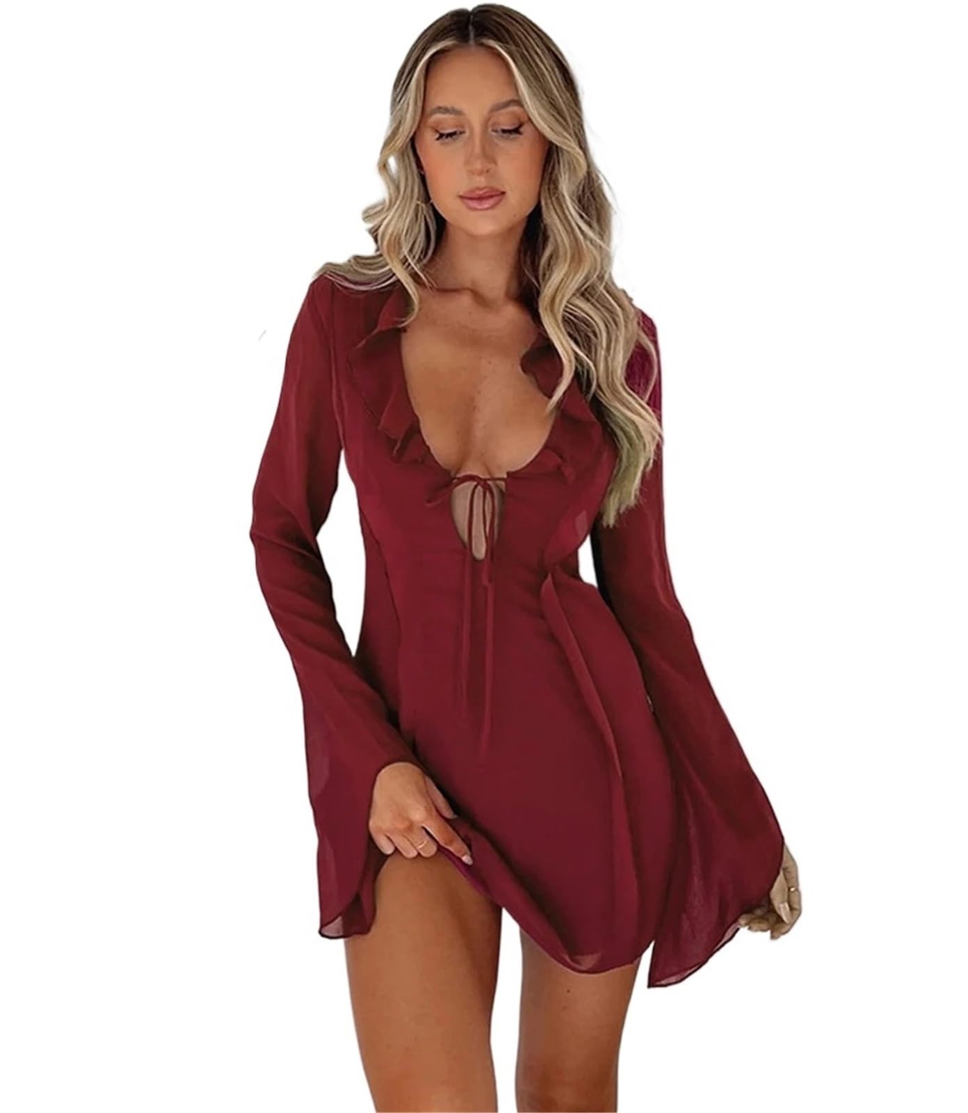 Vestido de playa de malla manga larga color vino tinto en talla L con cuello en V