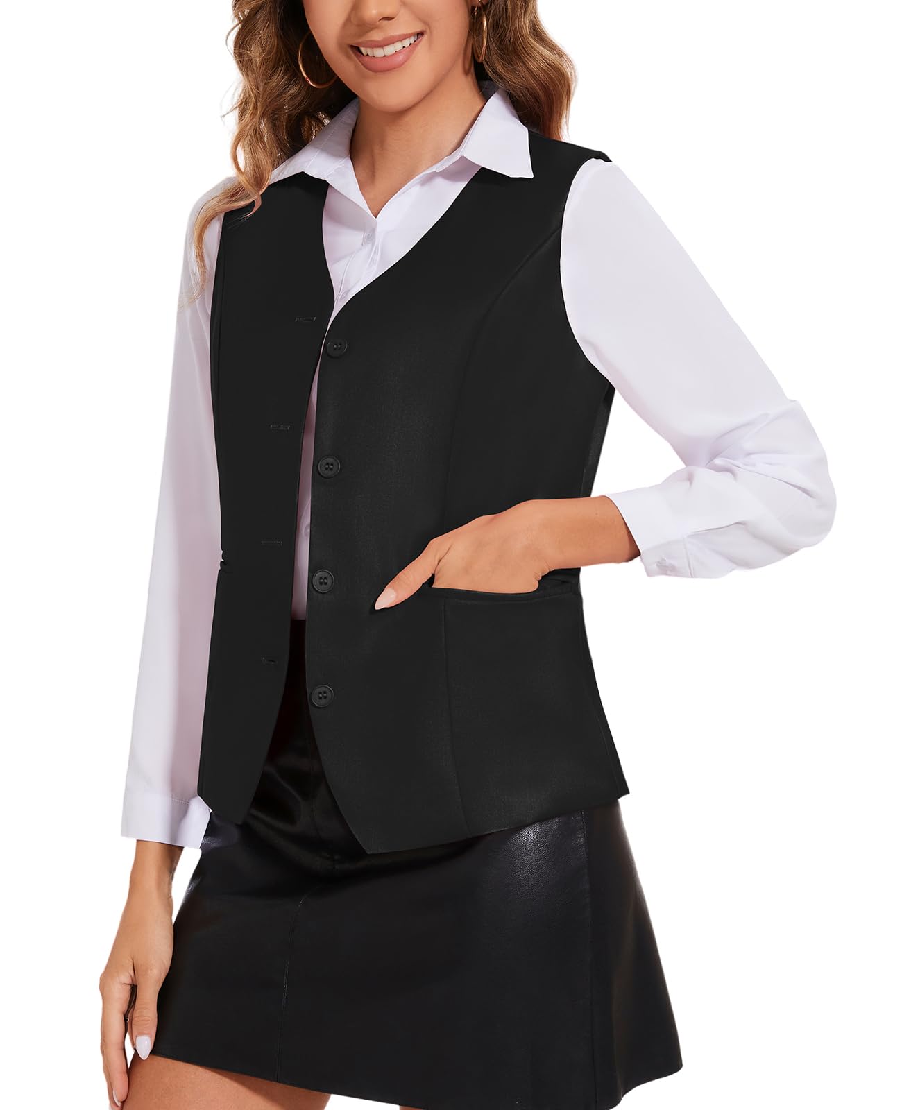 Gilet da donna, completamente foderato, con scollo a V, abbottonato, formale, aderente, con tasche