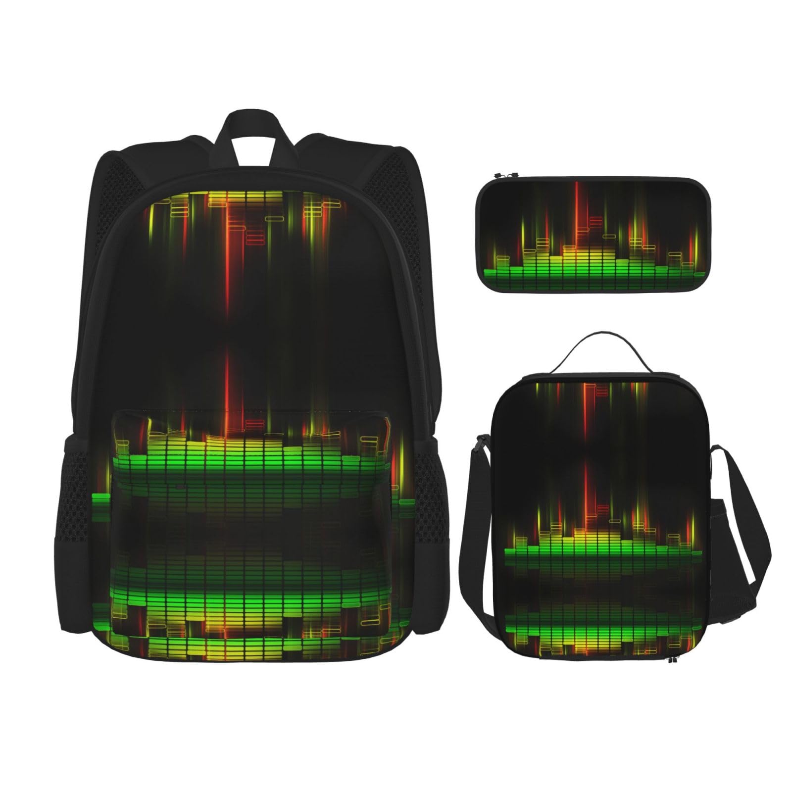 Cooles Musik-Sound, bedrucktes Rucksack-Set, 600D Oxford-Gewebe, Laptop-Rucksack mit isolierter Lunchtasche, Federmäppchen, verstellbare multifunktionale Schul-Reisetasche, 3-teilig