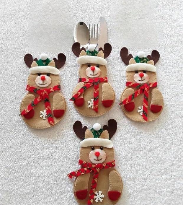 Set of 4 Rudolph Reindeer Christmas Cutlery Holder, Silverware Pouch, Utensil Holder, Tableware Holders, Christmas Dining, Table Decor.