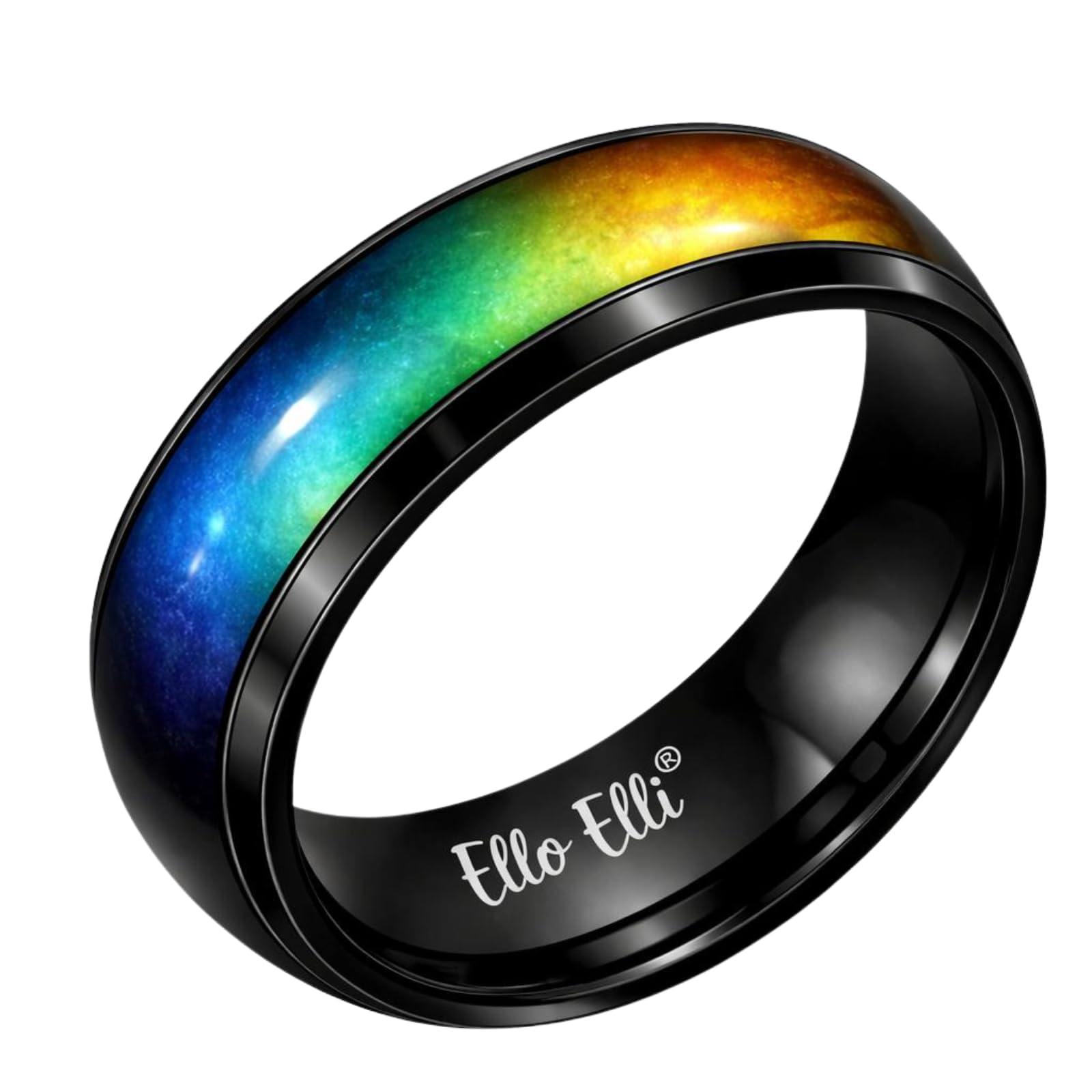 8mm Color Changing Mood Ring for Men & Women, Stainless Steel Comfort Fit Mood Ring, Silver & Black Band