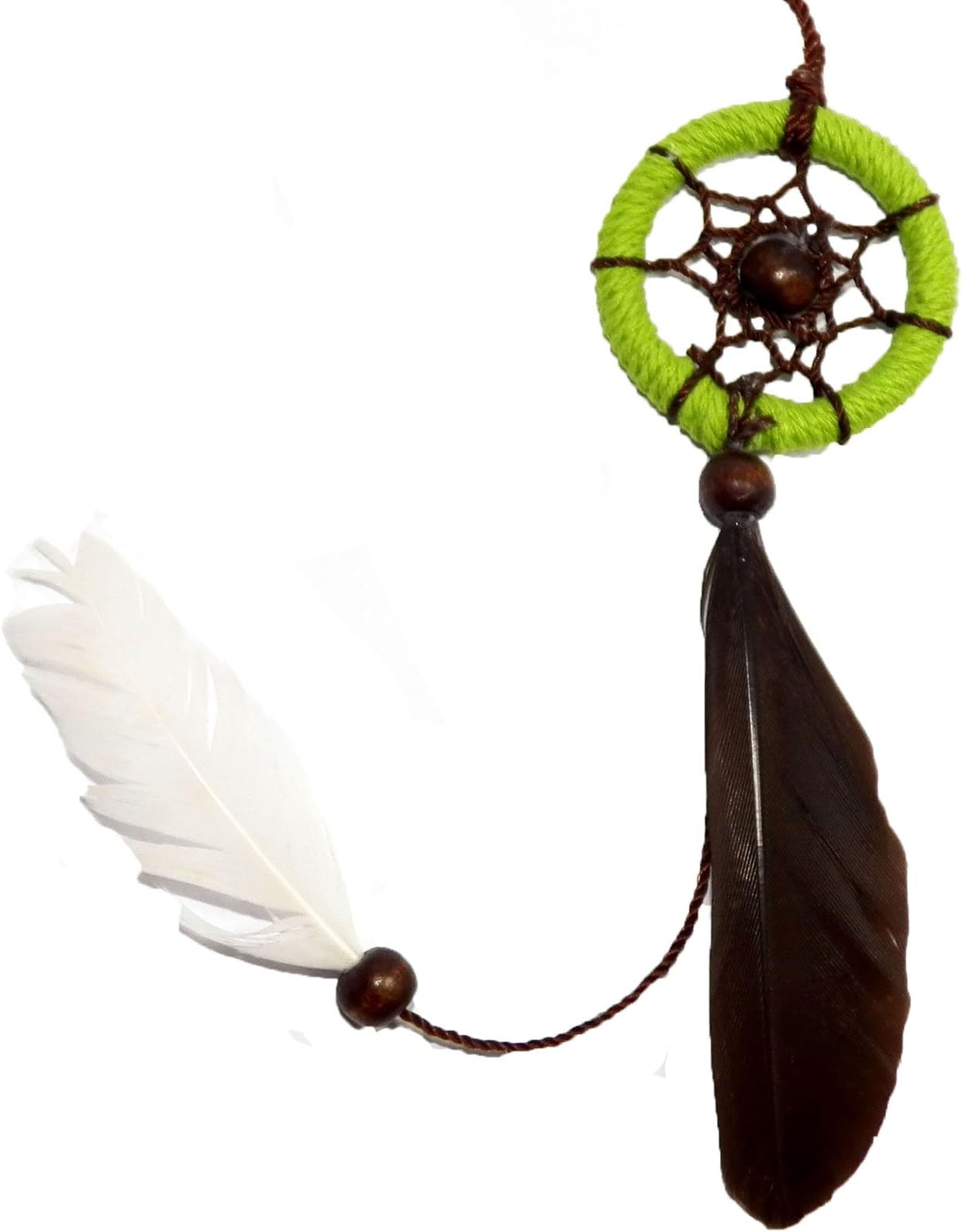 Dreamcatcher Necklace Green Cotton Cord Wooden Beads White Brown Feather Handmade Bohemian (DC10007)