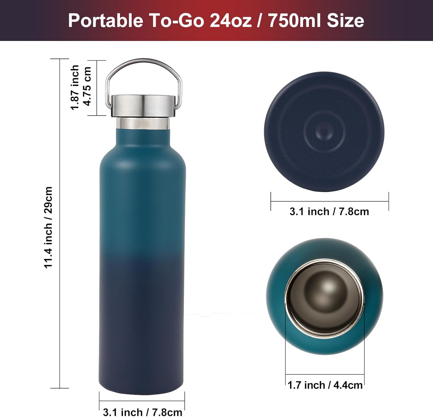 Volhoply 24oz Insulated Standard Mouth Water Bottle with Plastic & Stainless Steel Combination Lid Bulk 4 Pack, 304 18/8 Double Wall Vacuum Insulated Water Bottles, Reusable Metal Flask(Assorted,4) - Image 4