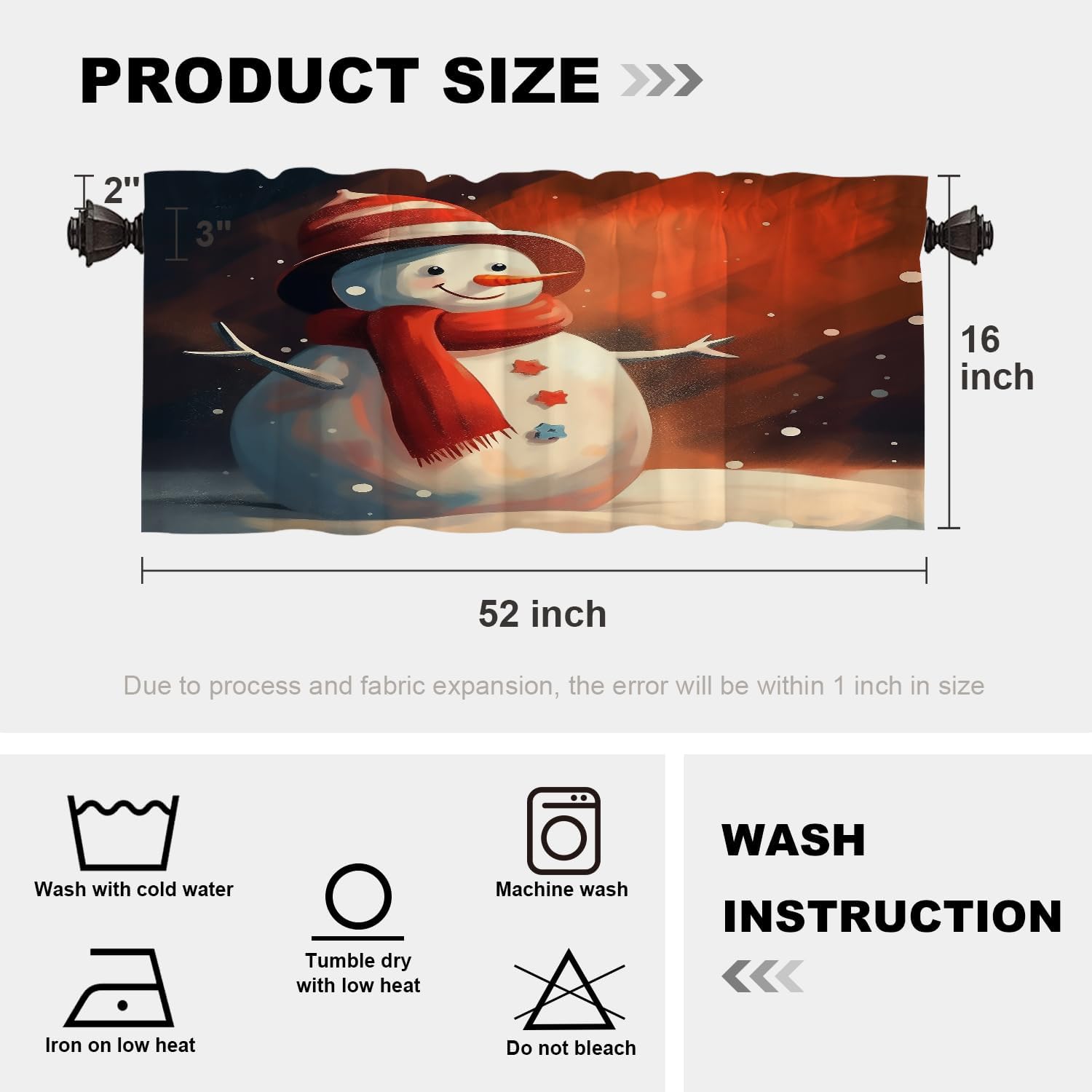 Batmerry Christmas Winter Snowman Valance Curtains, Red Scarf Hat Snowflake Window Treatment Kitchen Valances Multilayer Polyester Blackout for Living Room/Bathroom, 2 Pack 52x16 inches