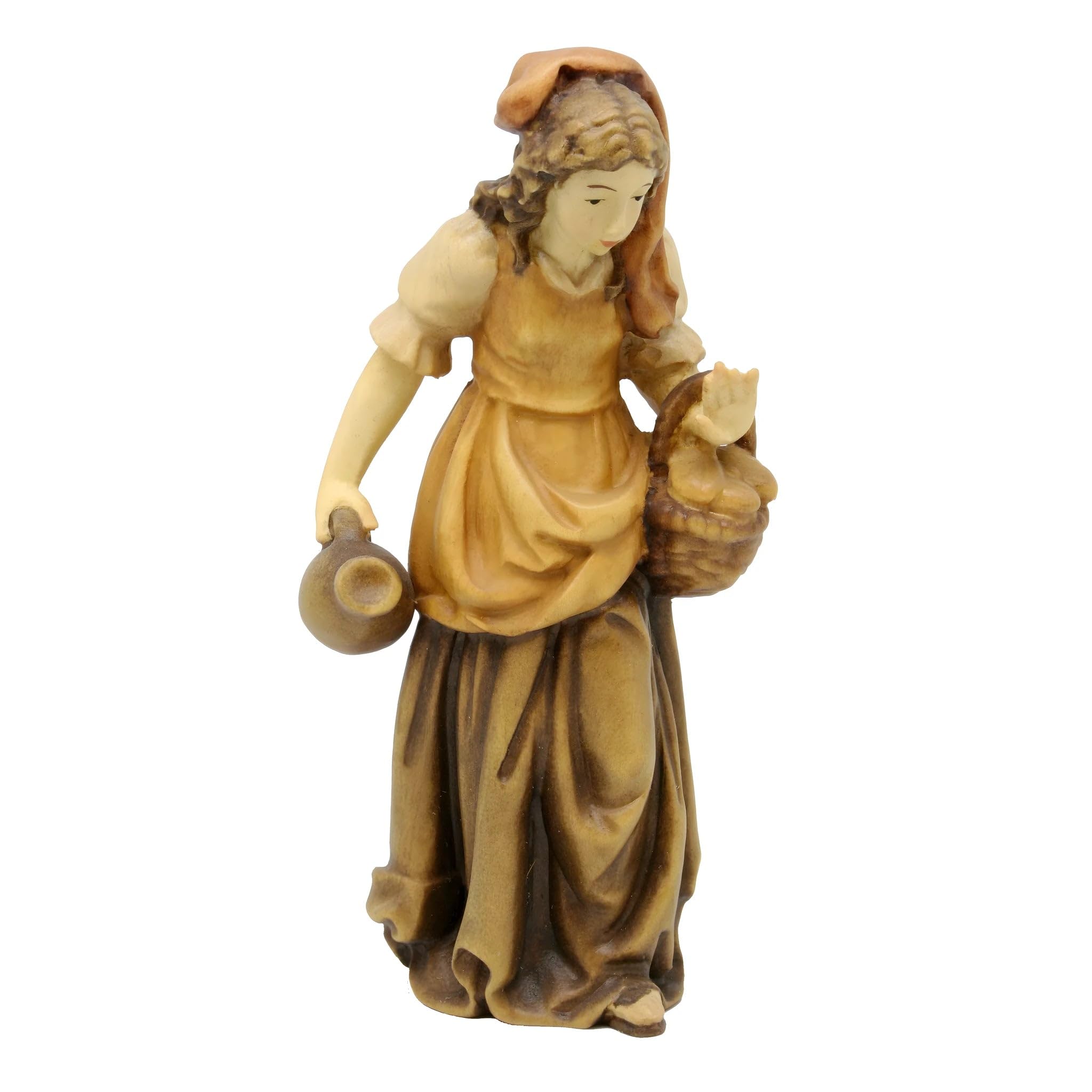 Pastora con jarra de agua y cesta de fruta de madera 18 cm | Madera pintada a mano en Val Gardena | Belén y Natividad