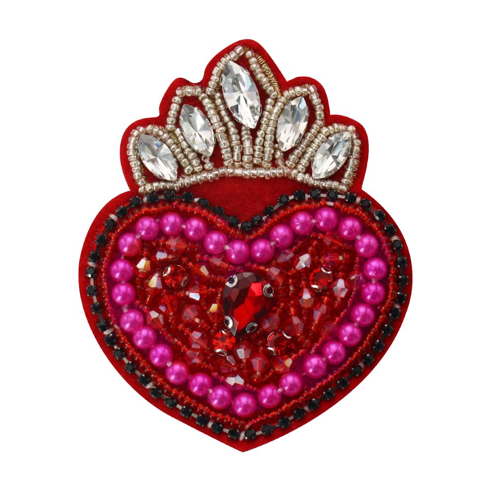 Beaded Milagro Heart Patches Flaming Sacred Heart Applique Mexican Folk Art Applique Decor Clothes Badges Sew on Patches Handmade DIY 2pieces (O)