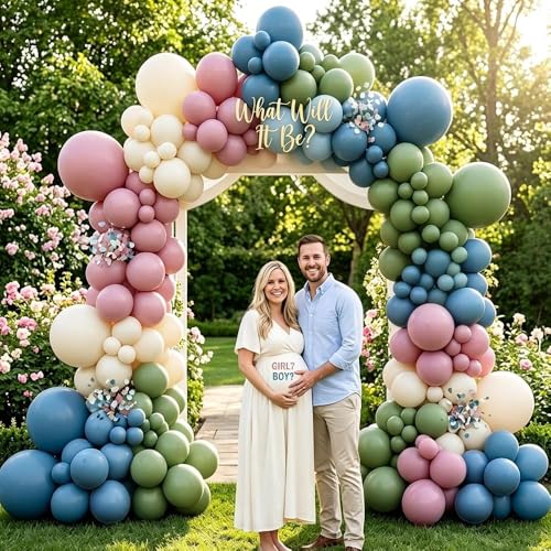 Image of Blue Green Pink Balloon Garland Double Stuffed Sage Green Dusty Blue Pink Purple Lavender Balloons Pastel Balloon Arch Kit for Birthday Baby Shower Gender Reveal Flower Tea Party Decorations