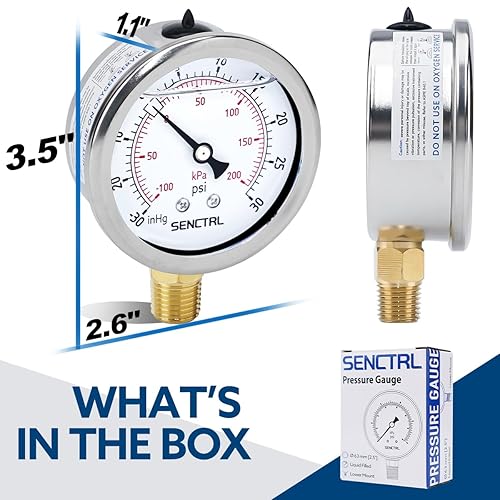 Miniatura 79 de SENCTRL Medidor de baja presión relleno de glicerina de 0-100 psi, tamaño de dial de 2.5", montaje inferior NPT de 1/4", caja de acero inoxidable