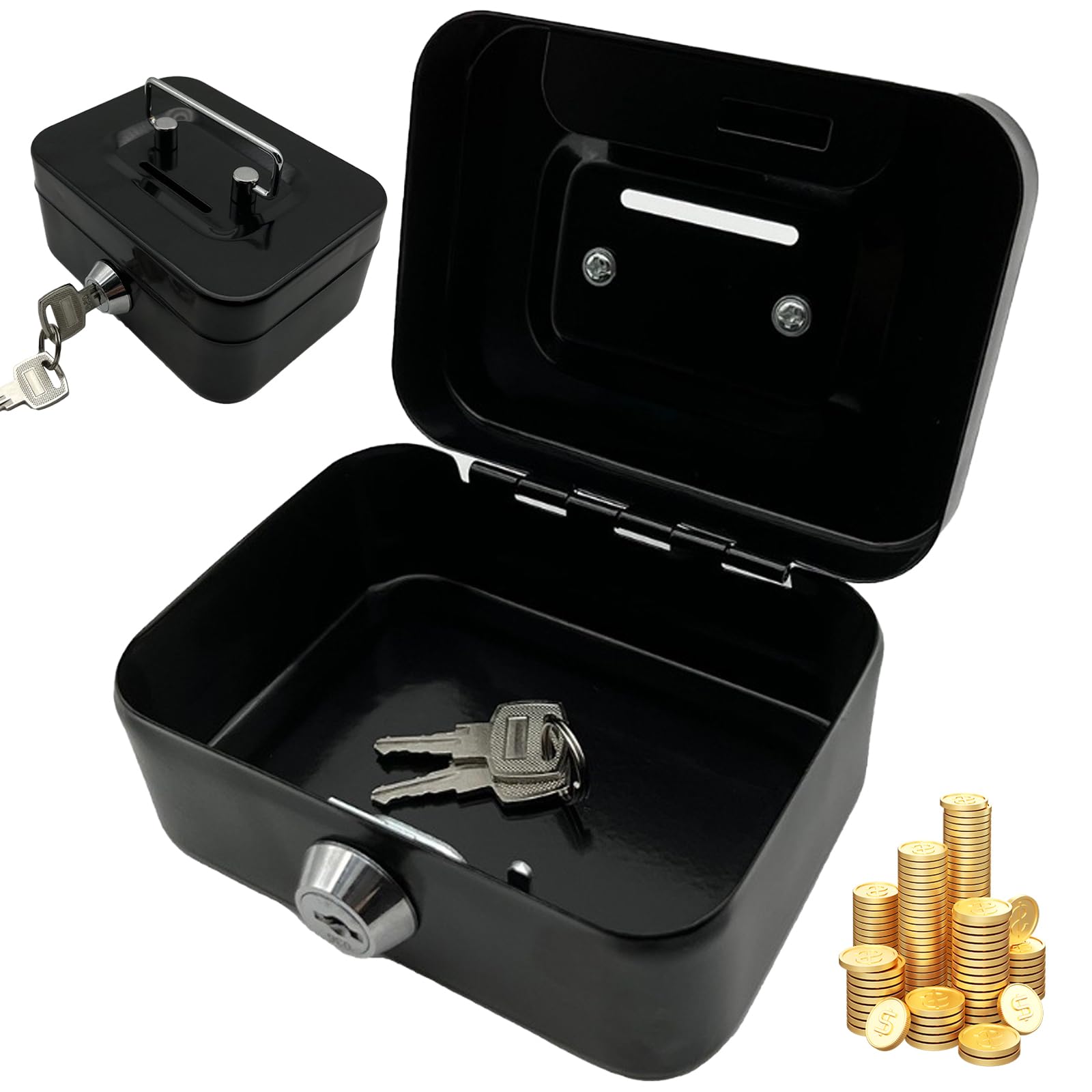 Money Box With Key, Cash Boxes with Keys, 4.5 Inch Iron Lockable Money Box with Coin Slot, Safe and Sturdy Petty Cash Tin Coin Bank with 2 Keys for Kids Adults Black