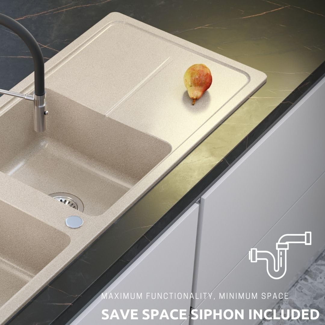 QUADRON NEAL 121 Fregadero de granito para cocina, tamaño: 116 x 50 x 20,5 cm, color: beige, fregadero de cocina de un seno, fregadero de cocina de dos senos, fregadero de dos cámaras con sifón manual