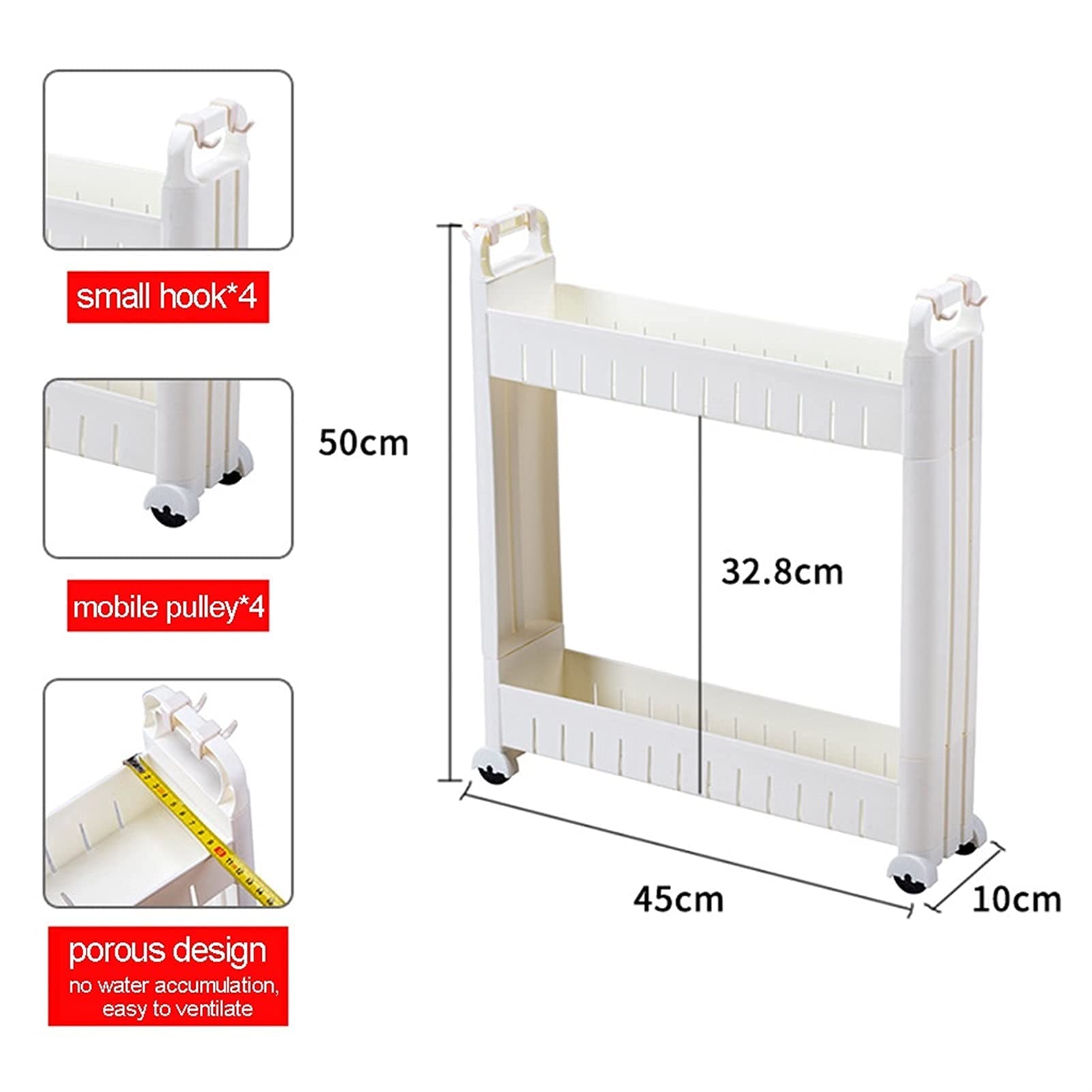 XYSQ Carrello da Cucina da 10cm, Scaffalatura Bianca, Carrello di Stoccaggio con Ruote per Cucina per Disabili Lavanderia da Bagno, con Manici, con Ganci Aggiuntivi, Nessuna Installazione A Vite