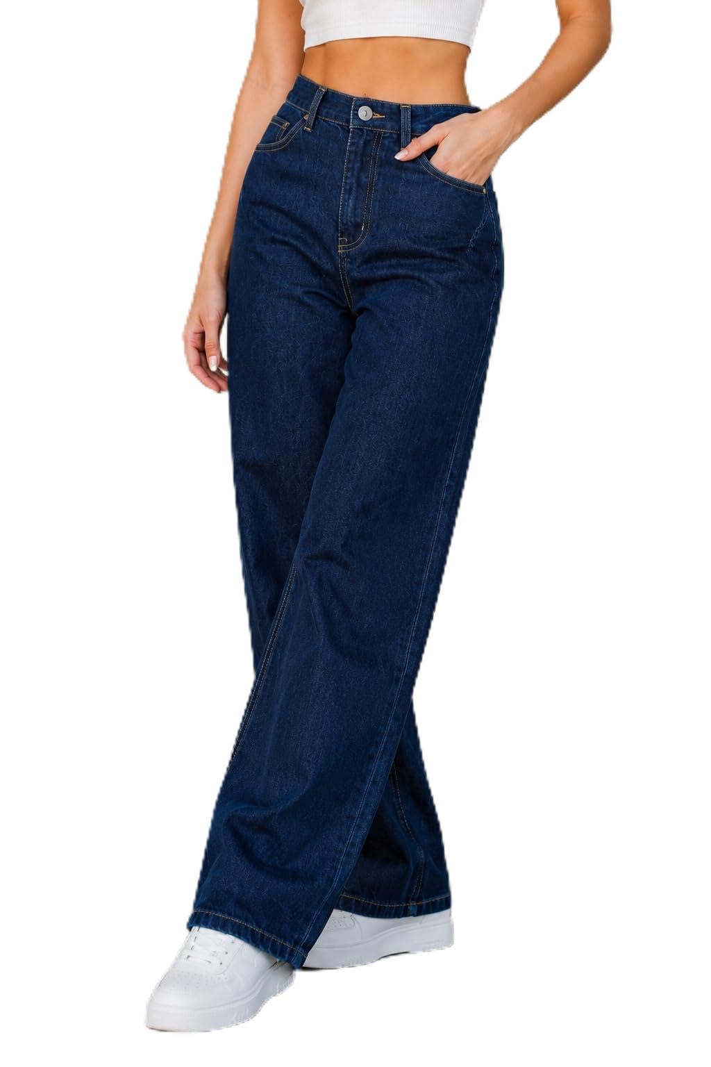 High Waist Wide Leg Jeans for Women | Dark Blue Straight Fit Baggy Denim Pants | Trendy Korean Style Loose Fit Casual Street wear Wide Bottom Jeans-picture-22
