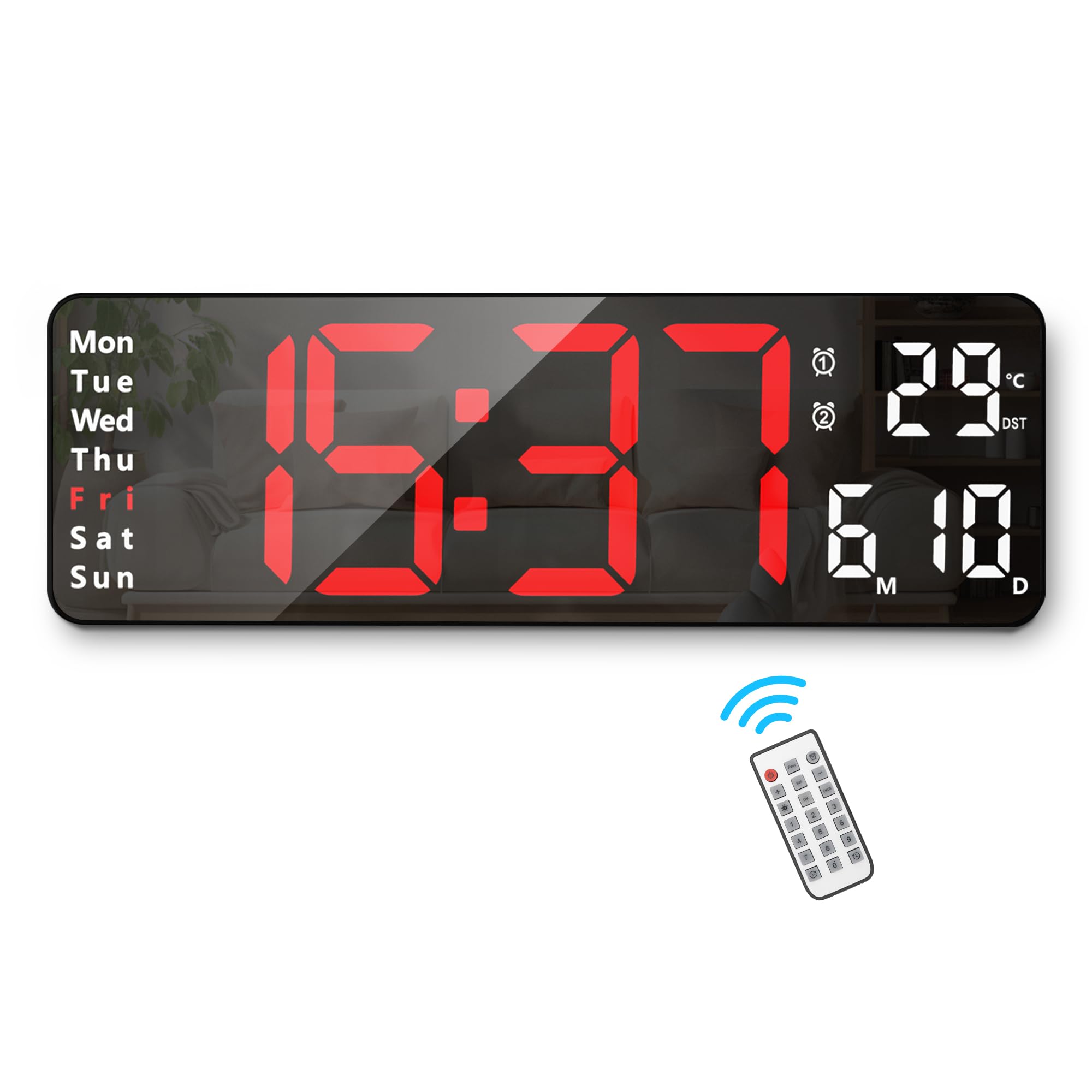 Lafocuse 13 Inch Silent Digital Wall Clock Red Large Display with Date Week Temperature, LED Clock with Remote Control for Living Room Decor Office Kitchen, Automatic Brightness Dimmer, Countdown