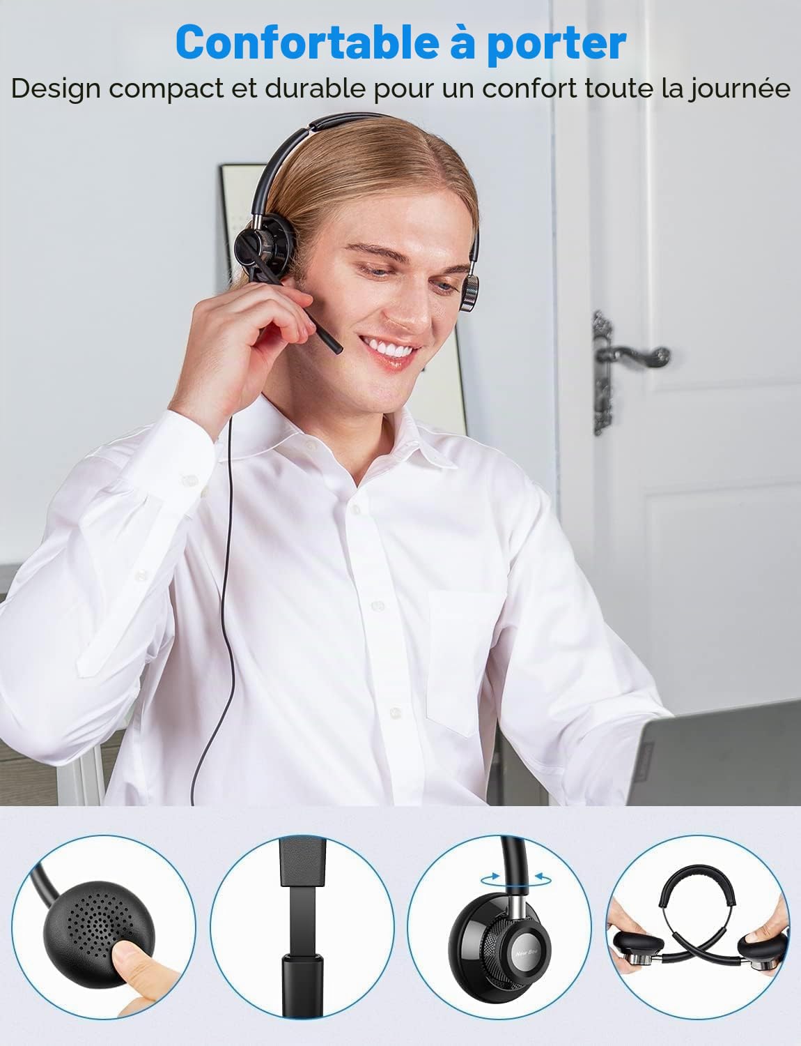 New Bee Casque PC avec Micro, Casque Audio Filaire, Casque USB/Type-C/3,5 mm Stéréo écouteur d'écoute Oreillette Professionnelle pour Webinaire Skype Chat Cours en Ligne et Musique(1 pièce)