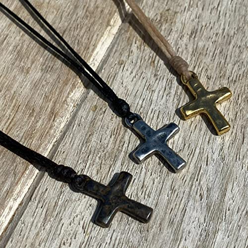 Small-Gold-Hammered-Cross-Necklace-Religious-Jewelry-Mens-Faith-Catholic-Women-Men-Gifts-Protect-Us-Father-Christmas-Gift-Best-Friend-Rustic-Brown