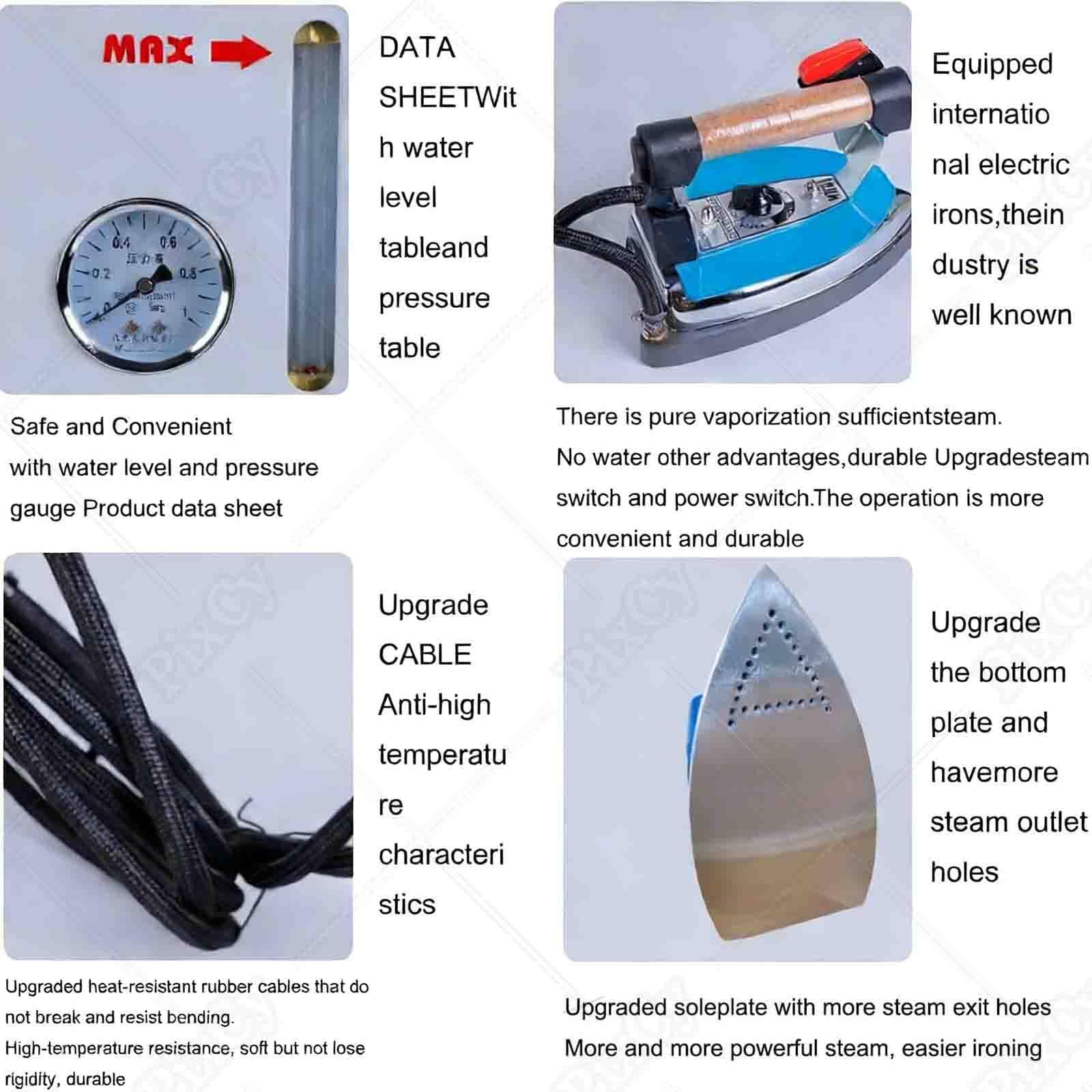 Station de repassage à vapeur industrielle, réservoir d'eau de 4 L, manomètre en temps réel, voyant d'avertissement, semelle en aluminium pour usines de vêtements et blanchisseries