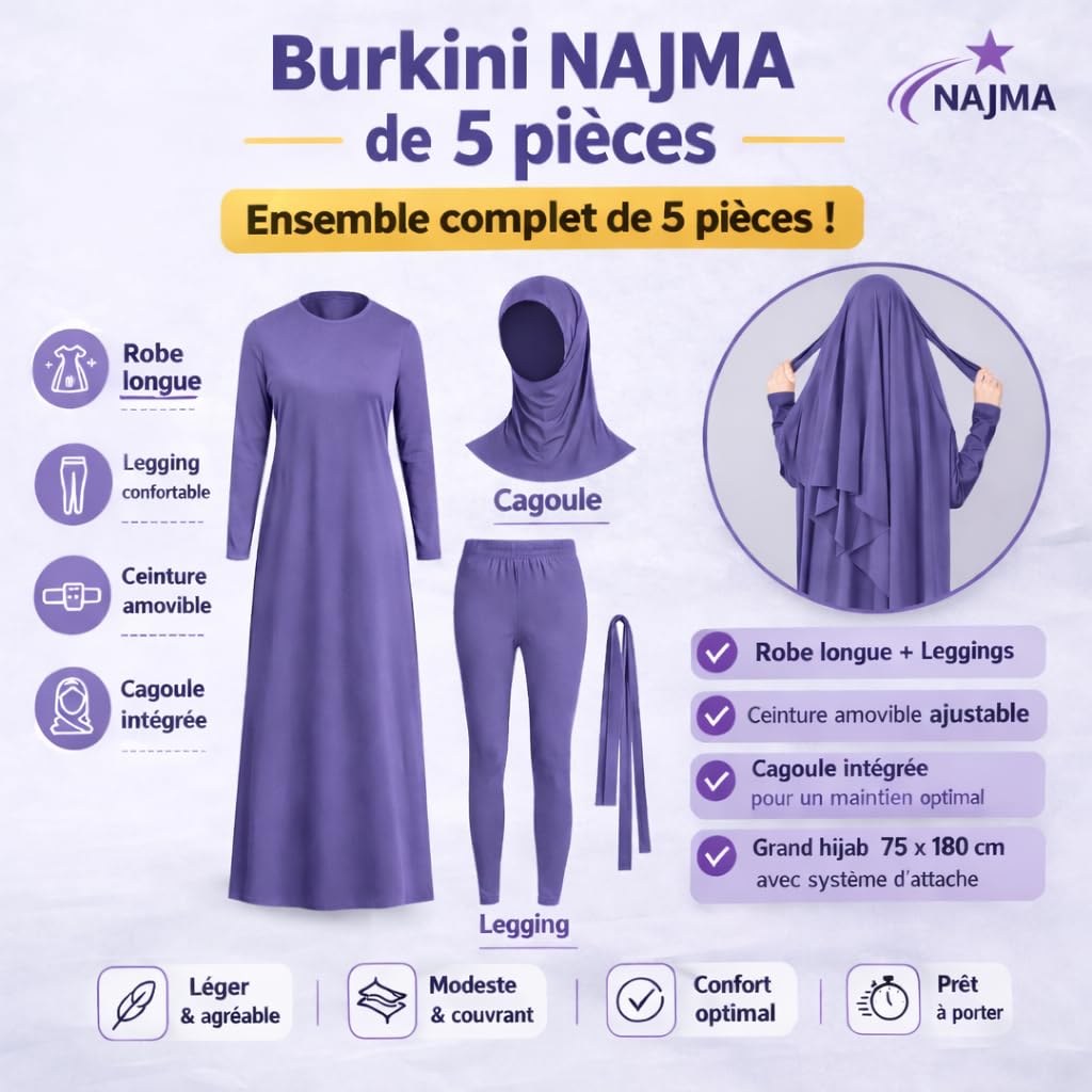 Burkini para Mujeres Musulmanas de 5 Piezas - Hiyab Legalizado - Traje de Baño Completo Secado Rápido