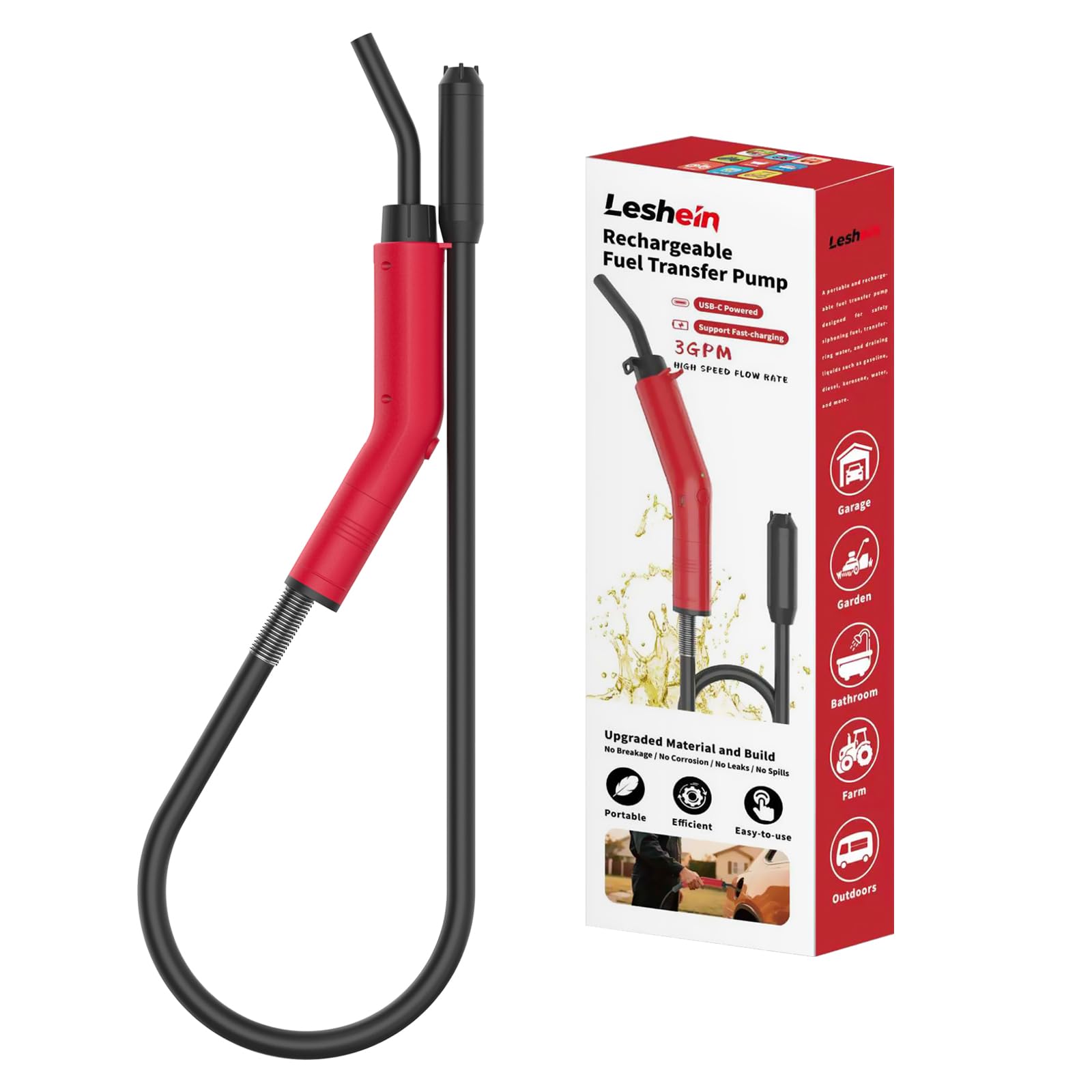 Photo 1 of Leshein Fuel Transfer Pump 3GPM, USB Rechargeable Electric Siphon Pump for Gasoline Diesel Water, Portable Leakproof Gas Can Pump with Upgraded Hose Material & Build, Ultra-Fast Oil Transfer Pump