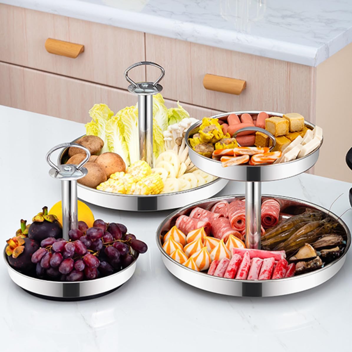 Operitacx Plateau à Gâteau en Métal Double Couche en Acier Inoxydable, Plateau Ménager Pratique et Portable pour Fruits et Légumes, Cuisine et Service