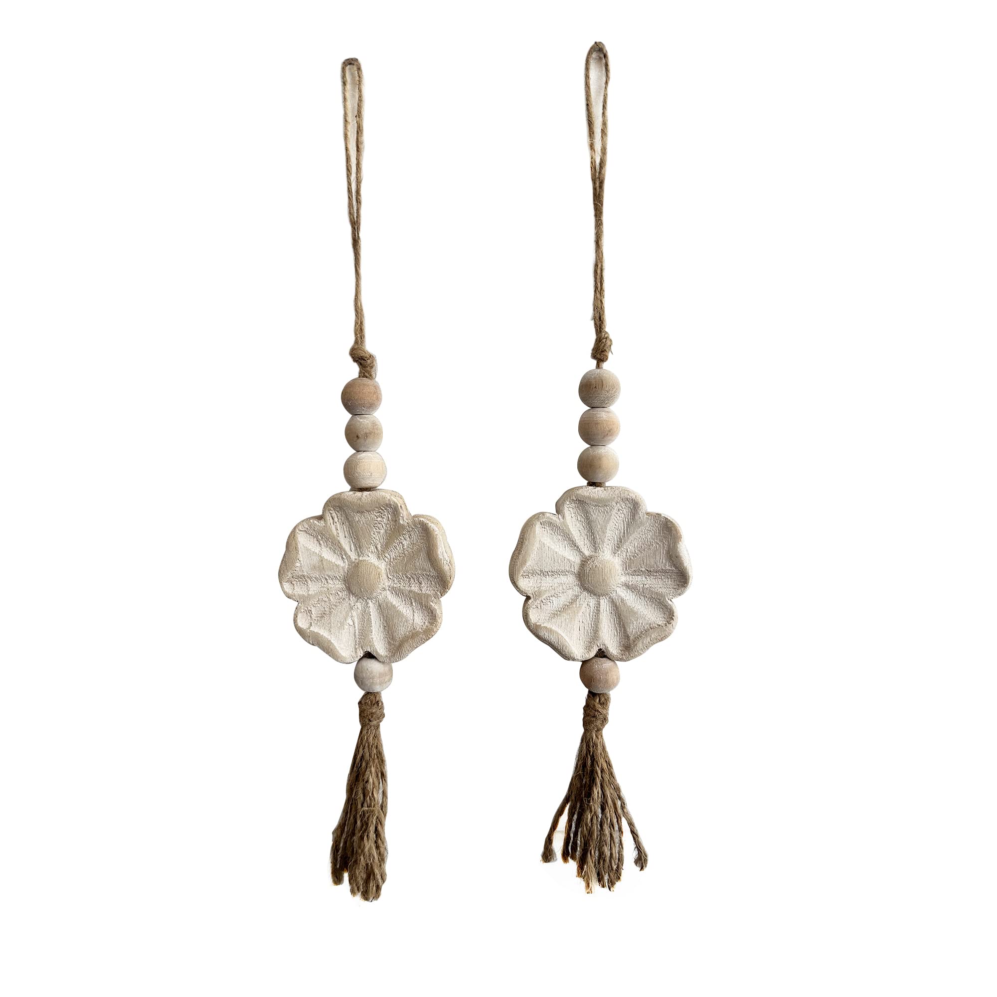 View 1 of 2pcs Carved Floral Tassels with Farmhouse Wood Beads - Multi-Functional Wall Decor Tray Home Decoration (Natural)