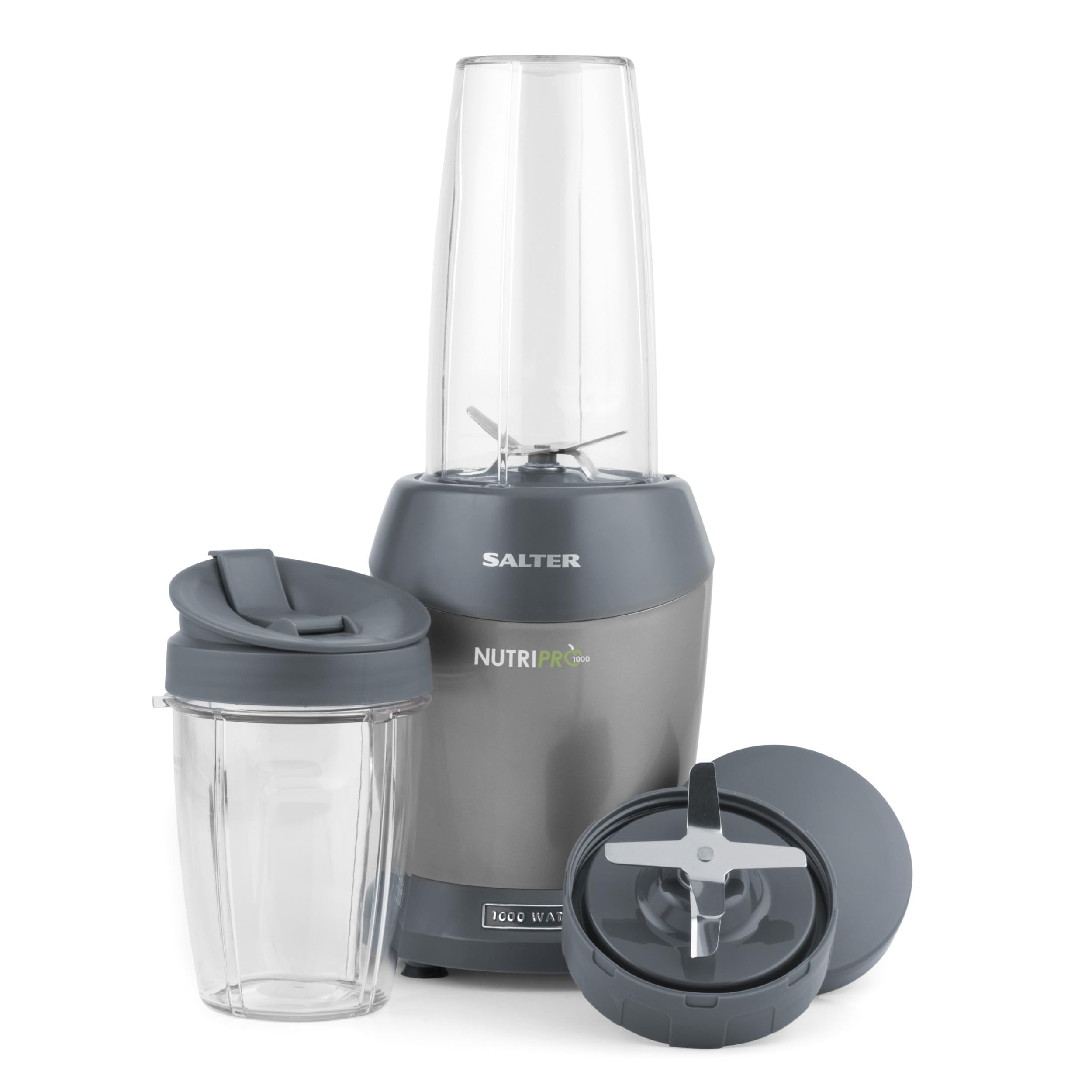 Salter Licuadora NutriPro 1000 – Batidora portátil, Exprimidor saludable, Extractor de nutrientes, 2 tazas de viaje (800 ml/1 L), Sopas, Cuchilla de acero inoxidable, 1000 W | Libre de BPA, hoja de acero inoxidable, control de 1 tecla, tapa bloqueable, 2
