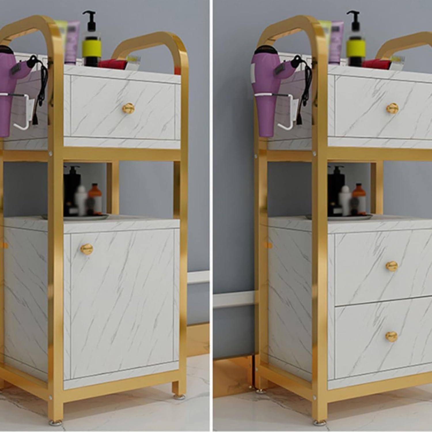 Wózek na kółkach do salonu, rama ze stali węglowej, wózek do salonu, regulowane nóżki, wózek do salonu z szafką i kołem, wózek do salonu(Gold Frame+pattern)