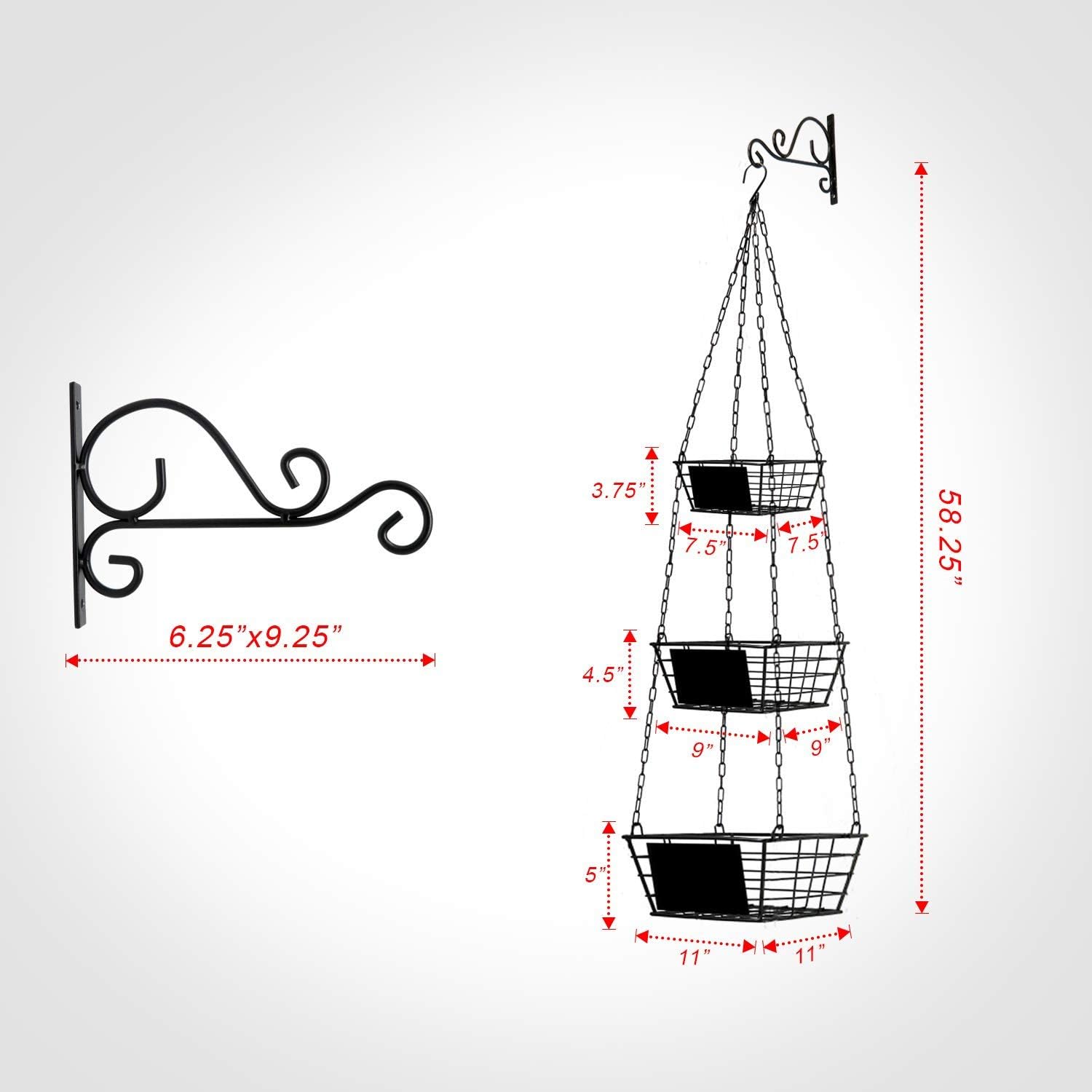 Hanging Basket for Kitchen 3 Tier Hanging Fruit Basket Square Wire Basket with Hanging Basket use Brackets for Wall Hanging or Ceiling Hook with Chalk Board by Z Basket collection