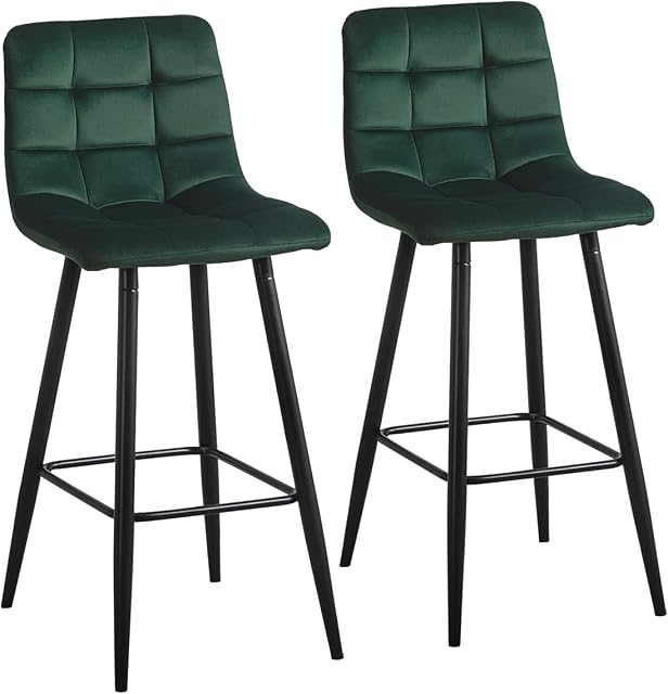 CLIPOP Bar Stools Set of 2 Green Velvet Breakfast Bar Chairs with Backrest and Matt Metal Legs, High Back Dining Stools for Kitchen Counter Pub